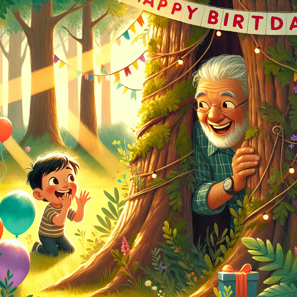 A heartwarming birthday-themed illustration is set in a sun-dappled woodland. Centered in this scene, a grandfather of Hispanic descent who has an amiable personality, engages in a playful game of peekaboo with an East Asian little boy, expressing joy and laughter. The grandfather, partially concealed behind an old oak tree, peeks out with bright eyes and a wide smile. The little boy responds with giggles of pure happiness. The woods are decorated with lively details conducive to the celebration; vibrant balloons are tied to the tree branches and a banner proclaiming 'Happy Birthday' is hung amidst the greenery.
Generated with these themes: Grandpa playing peekaboo in the woods with little boy.
Made with ❤️ by AI.