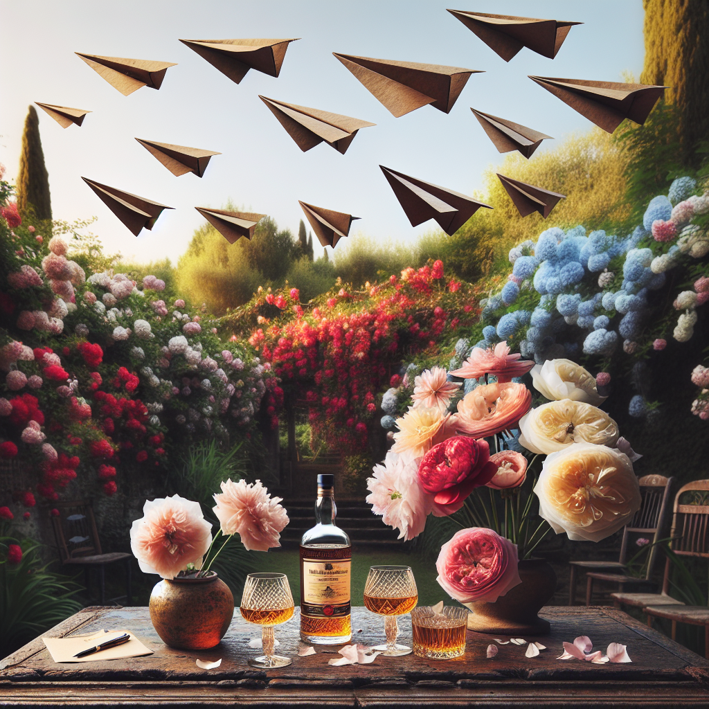 Create an image in the graceful setting of a captivating garden, conjuring the joyous mood of an anniversary celebration. Display a tableau of a vintage whisky bottle accompanied by two glasses, proudly perched on a weathered table amidst a proliferation of multihued blossoms. Complete the image with whimsical paper planes waltzing in the sky overhead. Each plane represents a year of the couple's shared history, embodying their shared adventures and the remarkable milestones they've achieved in their partnership.
Generated with these themes: Garden , Whisky , and Planes .
Made with ❤️ by AI.