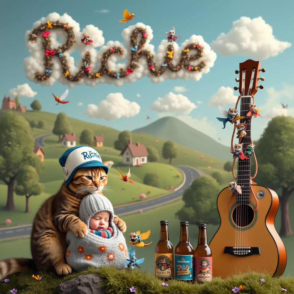 In the foreground of the scene, a fluffy tabby cat is seated upright on a moss-covered rock, gently cradling a tiny baby wrapped in a cozy blanket adorned with musical notes and miniature guitars. The cat is wearing a tiny knitted hat shaped like a racing helmet, with the number 1 embroidered on it, paying homage to Formula One.

To the right of the cat, an acoustic guitar stands upright, almost like a guardian figure, with its neck adorned with colorful climbing ropes and tiny carabiners, symbolizing hillwalking. Hanging from the guitar strings are miniature bottles of beer, their labels featuring playful cartoonish images of race cars zooming past rolling hills.

In the background, the hill landscape rises gently, dotted with wildflowers and quaint little cottages. In the sky, fluffy clouds form the name "Richie" in a playful, cursive script, as though written by an invisible hand. Just below "Richie," a formation of cats in various playful poses soar through the sky with tiny angel wings.

To the left, a whimsical scene unfolds: a race track spirals up a hillside, where kittens dressed in Formula One gear zoom around in tiny, colorful go-karts. Alongside the track, miniature beer barrels serve as makeshift barriers.

All around, the scene is infused with small, delightful details, such as birds playing guitars while perched on tree branches, and baby shoes hanging from the highest branches of the trees, symbolizing the new journey ahead.

Overall, this is a vibrant, intricate celebration of a new baby for Richie, beautifully combining the unique themes of cats, guitars, beer, hillwalking, and Formula One in a surreal, yet lovingly crafted scene.
Generated with these themes: Cats, guitars, beer, hillwalking, Formula One.
Made with ❤️ by AI.