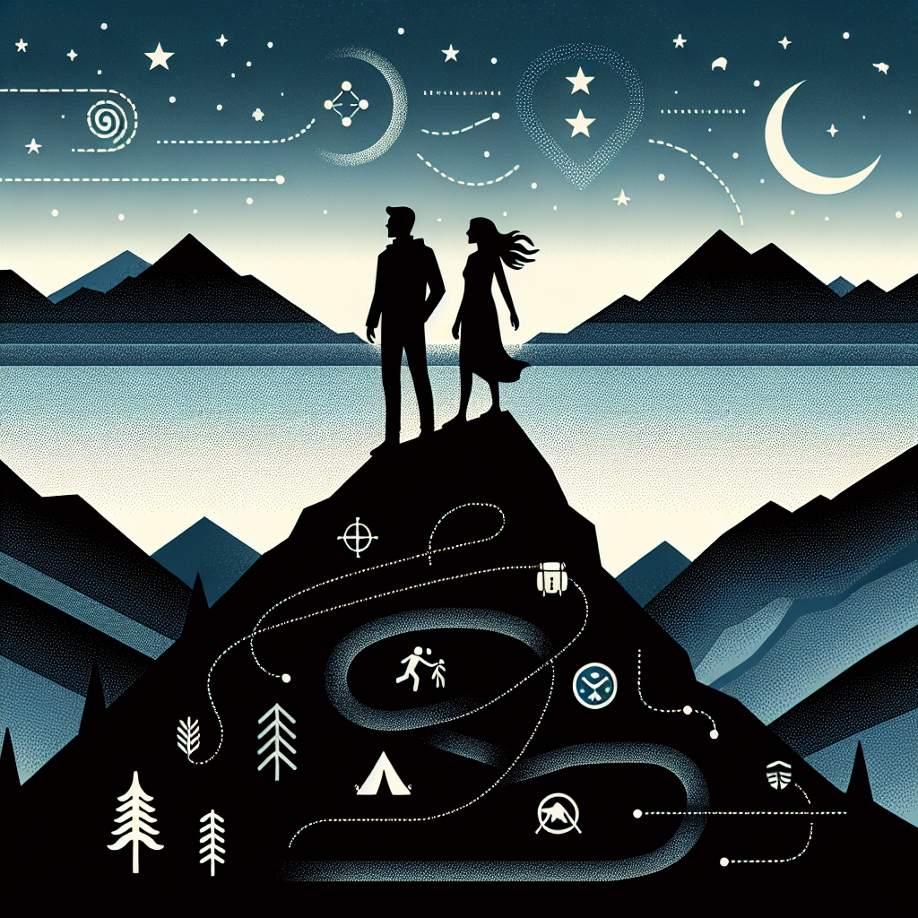 Create a simplistic but evocative image for an anniversary. The central feature should be silhouettes of a Caucasian man and a Hispanic woman, poised at the top of an abstract peak. Their shadows create a soft vision against a background filled with the stars of twilight. A meandering trail, filled with dotted lines and icons, runs through the picture. These icons should represent different elements of outdoor journeying - like tents, trees of a forest, and rushing waters of rivers. The blend of these aspects should reflect their shared saga of love and adventure.
Generated with these themes: They love going on adventures.
Made with ❤️ by AI.
