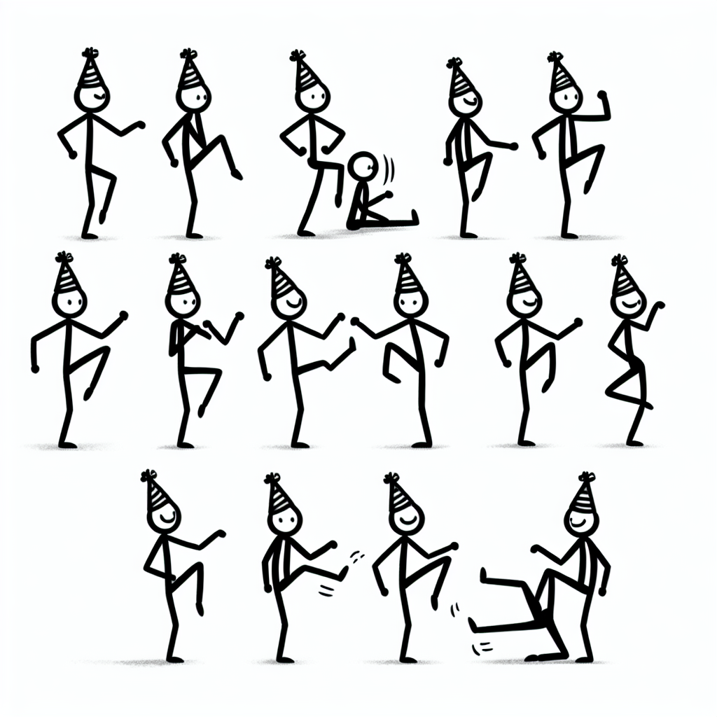 Create a minimalist birthday celebration image where stick figures wearing simple party hats are in the middle of a line dance. They should exhibit a sense of rhythm and humor, portrayed through special, playful details like a leg kicked higher than the rest. Stick to a sparse use of line work and adopt a restrained color palette to fit the minimalistic style. The overall image shall impart a sense of joy and humor, synonymous with jovial birthday parties.
Generated with these themes: Line dancing, and Minimalism.
Made with ❤️ by AI.