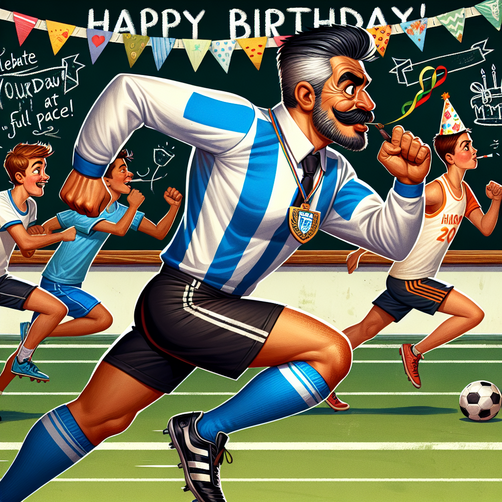 A vibrant image depicts a lively birthday scene with a Hispanic male headteacher sprinting ahead in a sporting race, wearing a generic blue and white football kit. Other runners, of various descents and genders, are trailing behind. The athletic headteacher has a whistle tucked in his mouth and is balancing a festive birthday hat on his head. The finish line of the race features a ribbon with the inscription 'Happy Birthday', while a chalkboard in the background exhibits festive doodles, along with the encouraging message 'Celebrate your day at full pace!'
Generated with these themes: Chelsea football club, running, headteacher.
Made with ❤️ by AI.