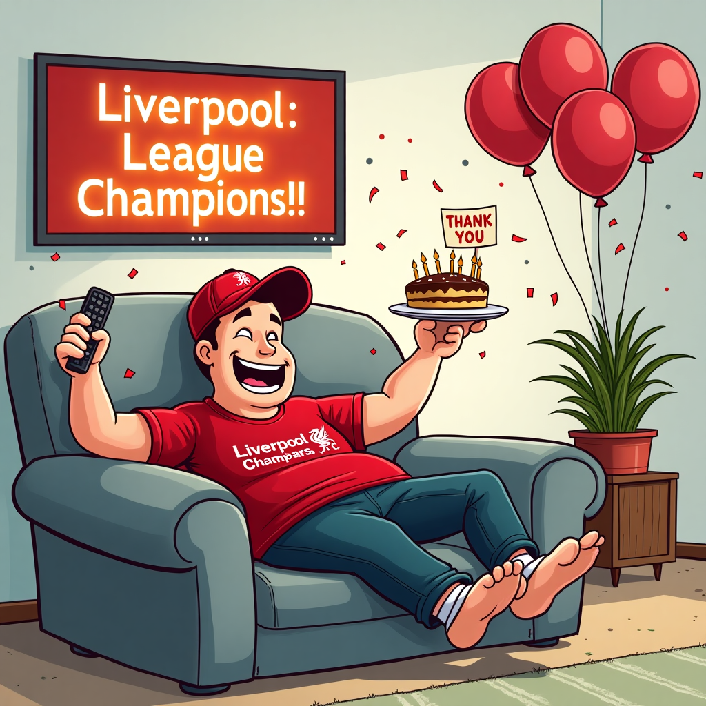 **Prompt for AI Image Generation (Funny Cartoon Style, Thank-You Greeting Card):**

*At the top of the cartoon image:*  
**"Cheers, Jay — Even the Houseplant Knows You're the Real Champ!"**

**Image Description:**  
A cartoon-style image featuring a joyful man lounging proudly on a saggy grey sofa, mid-cheer, wearing a Liverpool FC shirt that's clearly a bit too snug and a matching Liverpool FC baseball cap tilted at a jaunty angle. He’s holding a birthday cake in one hand, a TV remote in the other, and his socks don't match. Confetti and **ridiculous amounts of glitter** are flying everywhere like the man has mistaken his living room for the Anfield stadium after a title win. A single lonely houseplant sits beside the sofa, also sporting a tiny Liverpool hat, holding a hand-written thank-you sign with its leaves. Behind him, a TV screen shows “Liverpool: League Champions!!!” in glowing letters, with streamers erupting out of it for some wild cartoon logic. Birthday balloons shaped like the number of goals Liverpool scored this season float in the background.

Everything feels a little over-the-top in celebration — a perfect mix of thank-you and football-fuelled birthday chaos.
Generated with these themes: Man, Birthday, Liverpool fc shirt, Liverpool fc baseball hat, Liverpool are league champions, Grey Sofa, One houseplant, Lots of glitter, , , and .
Made with ❤️ by AI.