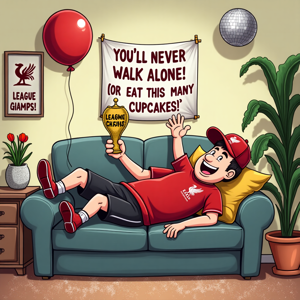 **Image Prompt:**  
At the top of the cartoon image: *“Thanks for being a champ, Jay – even Klopp would give you a hug!”*

Cartoon-style scene: A grinning man (Jay) sprawled triumphantly across a well-loved grey sofa, decked out in a Liverpool FC shirt and a slightly crooked Liverpool FC baseball cap. He’s holding a birthday balloon in one hand and a glittery golden “LEAGUE CHAMPS!” trophy-shaped cupcake in the other.

Behind him on the wall, there’s a wonky homemade banner reading “YOU’LL NEVER WALK ALONE (OR EAT THIS MANY CUPCAKES)”.

Next to the sofa sits one heroic, slightly sad houseplant – it’s been sprinkled with too much glitter and now sparkles wildly under a disco ball. The entire room is bedazzled with an explosion of glitter, as if a confetti cannon has gone off during a victory parade.

The vibe: Birthday chaos meets footy fever celebration, full of sparkle and silly fun.
Generated with these themes: Man, Birthday, Liverpool fc shirt, Liverpool fc baseball hat, Liverpool are league champions, Grey Sofa, One houseplant, Lots of glitter, , , and .
Made with ❤️ by AI.