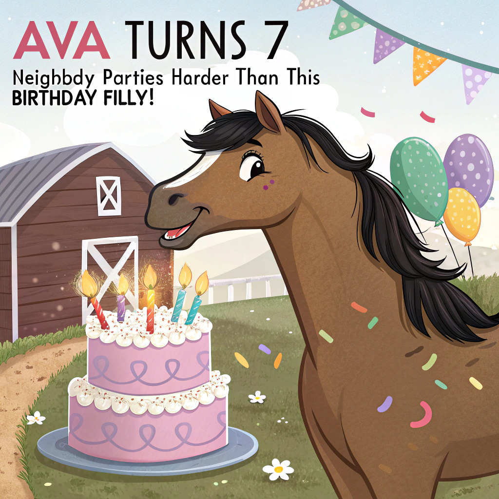 At the top of the image, "Ava turns 7 – neighbody parties harder than this birthday filly!"

- Depict a realistic photograph-style image of a sassy brown horse with a shiny black mane wearing a glittery party hat, standing proudly behind a birthday cake with seven candles.  
- The horse should have a smirk or slightly cheeky expression, and possibly have streamers or confetti tangled in its mane.
- Behind the horse, a barn is subtly decorated with birthday banners and balloons.
- The overall atmosphere should feel like an unexpectedly fabulous surprise party—thrown entirely by horses.
Generated with these themes: Happy birthday Ava number 7 brown horse black mane .
Made with ❤️ by AI.