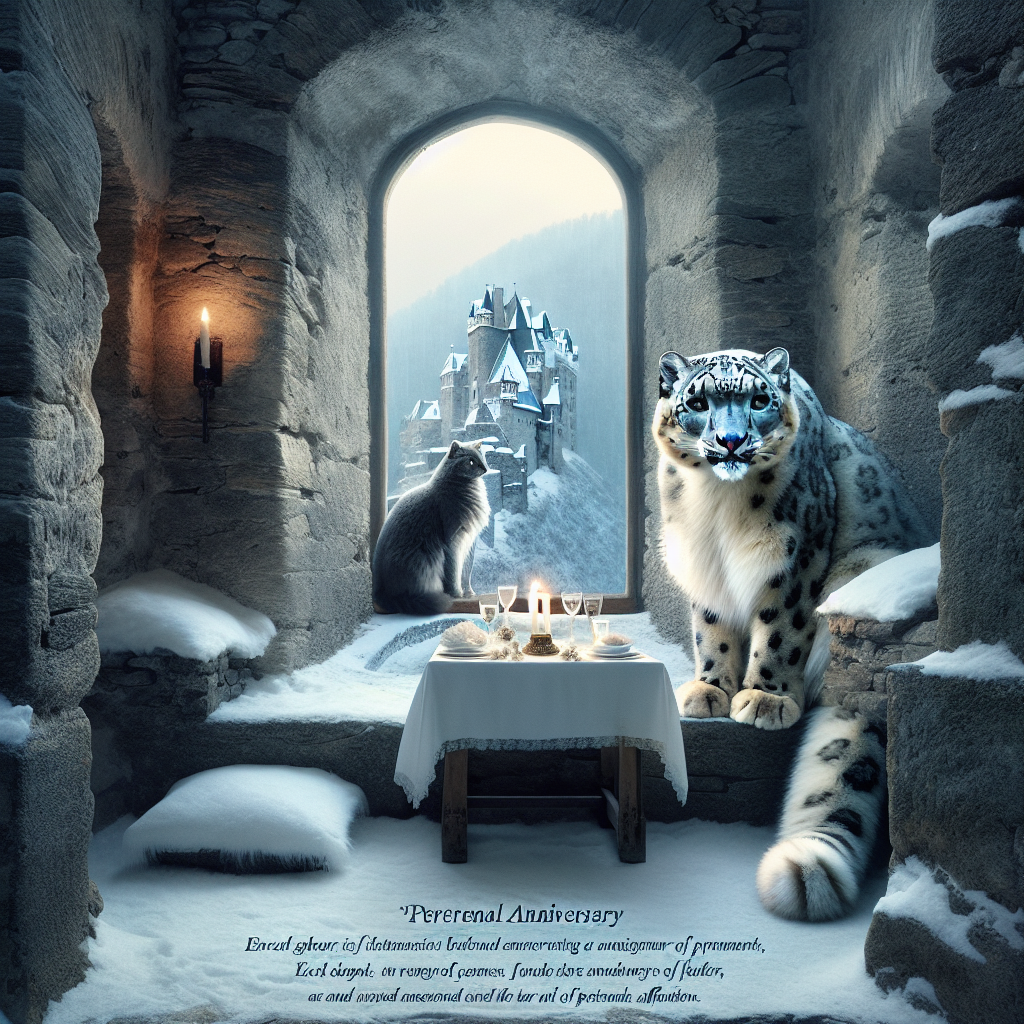 Visualize a peaceful and naturalistic anniversary celebrated in the grandeur of an ancient castle, each echo narrates a tale of perennial affection. Peeking through the icy window panes, a snow leopard resides, its elegance reflecting the tranquil beauty of nature's masterpiece and echoing the dignified aura of the castle. Nestled into a private niche, a black leopard's gaze glistens under the soft candlelight, enhancing the ambiance of mystery in the surrounding. A cruising Turkish Angora cat, elegant and restrained, explores the worn stone pathways, its white coat providing a gentle contrast against the hardy castle walls.
Generated with these themes: Black leopard, Snow leopard, Turkish angora cat, and Castle.
Made with ❤️ by AI.
