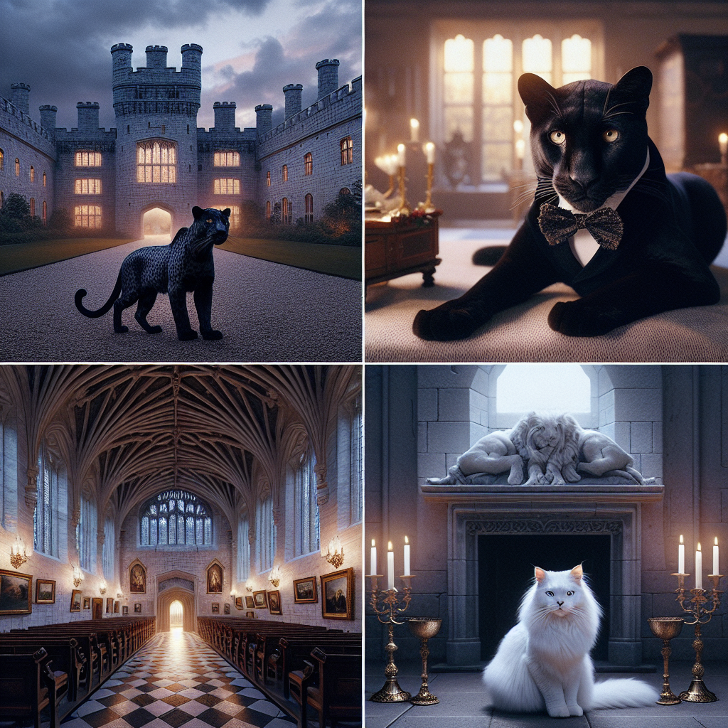 Imagine a somber, lifelike anniversary celebration taking place in a magnificent castle as twilight sets in. The castle's stones seem to echo the tales of history, creating a poignant ambiance. A black leopard prowls silently through the castle's corridors, its brilliant coat standing out against the serene white fur of a snow leopard which is resting beside a grand fireplace. In the ballroom, a Turkish Angora cat stands as a vigilant sentinel, its watchful eyes never faltering as it oversees the commemoration of enduring companionship.
Generated with these themes: Black leopard, Snow leopard, Turkish angora cat, and Castle.
Made with ❤️ by AI.