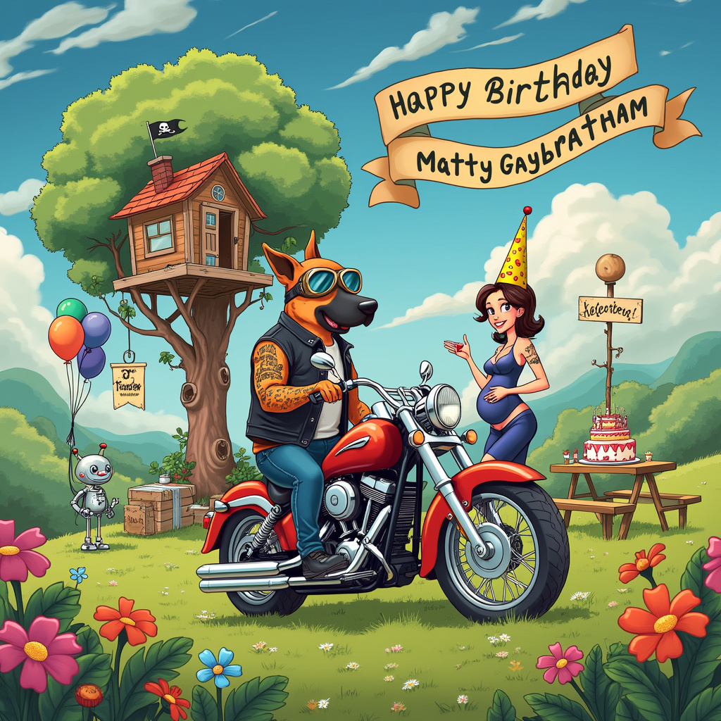 The scene bursts with vibrant and quirky details that all come together to form a hilarious birthday tableau for Matty Gaybraham. The setting is an open field with rolling green hills, peppered with colorful wildflowers and a clear blue sky dotted with fluffy white clouds. Nestled in the background, a banner made of skywriting reads "Happy Birthday Matty Gaybraham," curling whimsically through the clouds.

Front and center, we see a gleaming red motorbike, chrome glinting in the sunlight. Astride the bike is a burly German Shepherd, sitting upright with its paws on the handlebars. The dog is sporting a pair of oversized aviator goggles and a leather jacket adorned with playful cartoon-style tattoos — think hearts, bones, and "Woof!" banners.

Next to the bike stands a man with a comically large nose, reminiscent of Charles Schulz's lovable characters but with an exaggerated flair akin to R. Crumb's style. He's wearing a bright yellow birthday party hat with a huge grin plastered on his face. On his arm is a very pregnant wife, her round belly proudly displayed in a tight-fitting polka-dotted dress. She has a collection of cute, small tattoos peeking out from her sleeves and her smile radiates joy.

In the background, a classic Calvin and Hobbes-style treehouse peeks out from the lush foliage, and from one of the tree branches hangs a homemade sign, also wishing "Happy Birthday Matty Gaybraham." The treehouse is detailed with playful touches like a pirate flag and a makeshift pulley system carrying a basket filled with birthday goodies.

A cake sits on a picnic table near the treehouse, iced in vibrant blues and greens, with "Matty Gaybraham" written in a playful script on the top. The cake is surrounded by various whimsical decorations including small figurines of motorbikes and German Shepherds.

In the far left, a small Astro Boy-esque robot is seen holding a bouquet of balloons shaped like motorbikes, German Shepherds, and big noses. The entire scene is a bustling, joyful celebration, with each element thoughtfully integrated to tell a unique and humorous birthday story for Matty Gaybraham.
Generated with these themes: Motorbikes, Big nose, German shepherd, Tattoos, and Pregnant wife.
Made with ❤️ by AI.