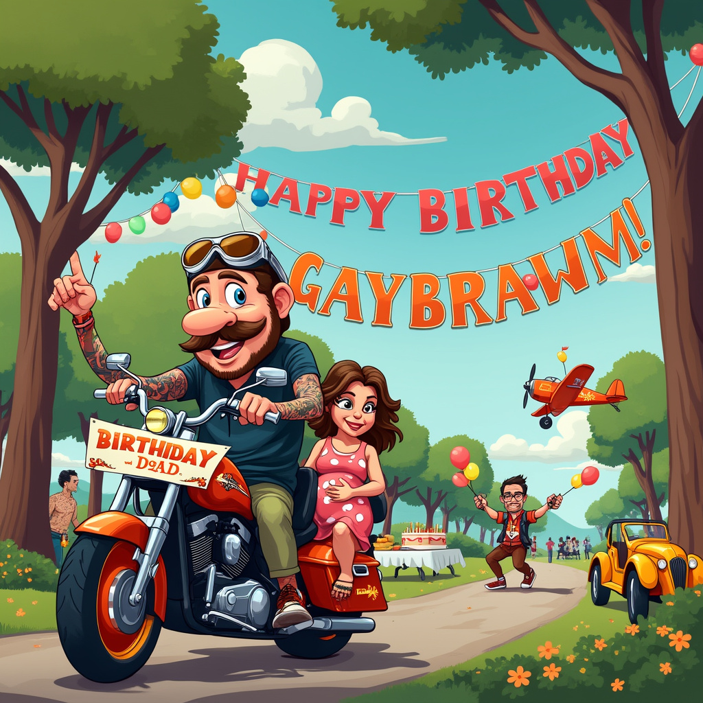 Picture this: A vibrant, bustling park filled with a humorous mix of characters and elements all coming together in a delightful, cartoonish birthday celebration for Matty Gaybraham.

Front and center, we see Matty Gaybraham with an exaggeratedly large nose, the focal point of our comedic masterpiece. Matty is gleefully riding a vividly colored motorbike—think classic Harley Davidson with whimsical, oversized wheels. The bike is adorned with a custom banner across the handlebars that reads "Happy Birthday, Matty Gaybraham!" in bold, playful letters. 

Next to Matty, his German Shepherd, Max, is riding in a matching sidecar. Max wears aviator goggles and a leather jacket, giving him a comically serious, biker dog vibe. He's looking up adoringly at Matty, with his tongue hanging out in excitement.

To the left, we see Matty's pregnant wife, Emma, who is a picture of delight and joy. Emma is wearing a fun maternity dress with polka dots and has colorful temporary tattoos covering her arms—each tattoo depicting a small, cartoonish version of a significant moment in their lives together. She is waving a tiny flag that says, “Best Biker Dad!” with a little heart.

The background is equally lively. A row of trees with leaves fluttering in the breeze frames the scene, and between the trees, a large, colorful birthday banner stretches out. The banner is strung between two trees and prominently features the words "Happy Birthday, Matty Gaybraham!" with cartoonish balloons and streamers hanging from it.

The sky above is clear and blue, but dotted with fluffy white clouds that spell out "Happy Birthday, Matty!" A small, cartoonish plane flies by, towing a banner behind it with the words "You Rock, Matty Gaybraham!" written in bold letters.

In the distance, friends and family are setting up a picnic area. There's a long table filled with food, a massive birthday cake shaped like a motorbike, and various picnic blankets spread out. One of the guests is a burly man with an impressive array of tattoos, lifting a massive jug of lemonade with one hand and waving with the other.

The scene is packed with humorous and heartwarming details, blending the playful, nostalgic styles of Charles Schulz and Bill Watterson with the intricate, lively crowd scenes inspired by Gary Larson and Hergé. This detailed tableau will bring smiles and laughter to Matty Gaybraham and anyone else who sees it!
Generated with these themes: Motorbikes, Big nose, German shepherd, Tattoos, and Pregnant wife.
Made with ❤️ by AI.