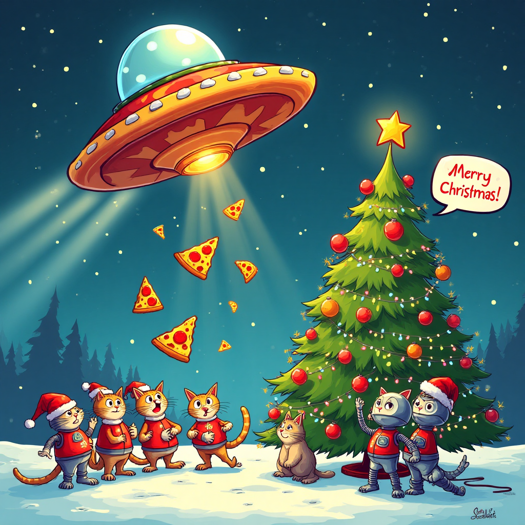 Flying saucer, pizza, cats, robots, and Christmas Card