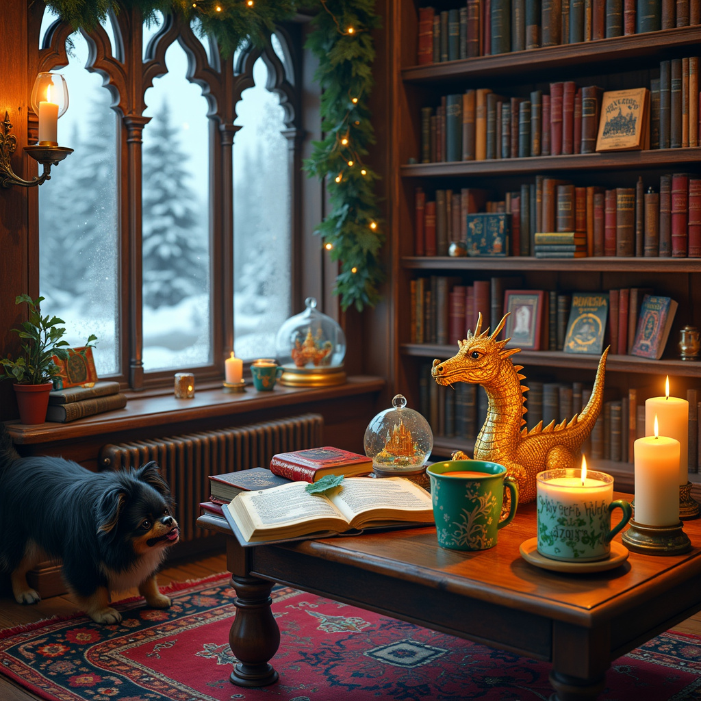 In the cozy interior of a charming, old-world library, the scene is set for a magical Christmas evening. Picture a large, intricately carved wooden bookshelf that stretches up to the ceiling, filled with an eclectic collection of books. Among the titles, you'll spot some well-loved Harry Potter volumes, their spines showing signs of frequent reading. In front of the bookshelf, a rich, Persian-style rug lies on the floor, where a black and brown mini dog, with its fluffy tail wagging, is playfully engaged with a mini golden dragon. The dragon, with shimmering scales and delicate wings, has a tiny Santa hat perched on its head, adding a festive touch.

Next to the rug, there's a low, rustic wooden table adorned with a collection of holiday items. A steaming cup of Starbucks coffee sits beside an open book titled "Fantastic Beasts and Where to Find Them." A bright green Matcha latte in a whimsical, hand-painted mug is nearby, its surface swirling with frothy artistry.

Candles of varying heights and sizes are scattered around the table and bookshelf, their flames casting a warm glow. Among them, a pumpkin spice-scented candle takes center stage, its label illustrated with pumpkins and autumn leaves. A few of the candles are set in vintage brass holders, reminiscent of Victorian times.

In the background, a large, frosted window reveals a snowy landscape outside, complete with falling snowflakes and twinkling Christmas lights. A garland of holly and ivy frames the window, adding to the festive ambiance.

On the edge of the table, there's a small, intricate snow globe featuring Hogwarts Castle, with a light dusting of snow inside. Tucked beside it is a tiny stack of Harry Potter-themed Christmas cards, their covers adorned with enchanted illustrations of magical creatures and festive scenes.

This tableau captures the essence of a whimsical Christmas, blending elements of classic literature, holiday cheer, and a touch of magic, all brought to life with rich details and enchanting characters.
Generated with these themes: Black and brown mini dog, Mini Golden Dragon, Books, Starbucks, Harry Potter , Candles, Pumpkin spice candle , and Matcha.
Made with ❤️ by AI.