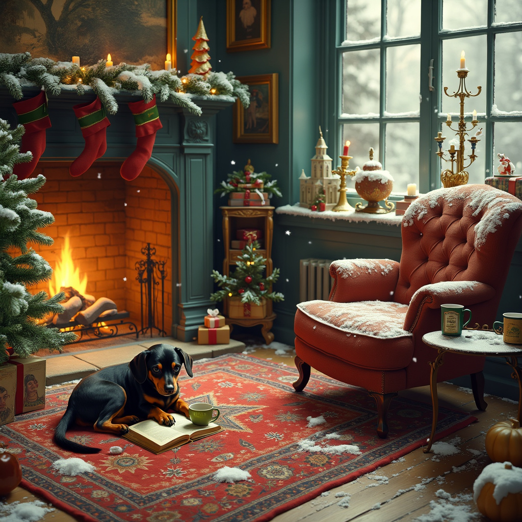 Picture a cozy, snow-covered Victorian-style living room filled with delightful chaos, framed by the warm glow of a roaring fireplace adorned with stockings and garlands. Nestled on a vintage Persian rug is a small, endearing black-and-brown dachshund, affectionately curled up next to a miniature golden dragon, its scales shimmering like freshly polished ornaments. The dragon is engrossed in a spellbinding book from the "Harry Potter" series, its tiny claws carefully turning the pages. 

To their right, a quaint wooden side table, intricately carved with whimsical swirls, holds a lineup of holiday-themed Starbucks cups, each one a unique design—some bearing snowflakes, others little Christmas trees. The scent of freshly brewed Matcha wafts from one of the cups, its vivid green hue contrasting with the rustic wood of the table.

Next to this scene, on another antique side table, stands an ornate brass candelabrum with several flickering candles, casting a golden glow around the room. Among them is a distinctive pumpkin spice candle, its label decorated with an autumnal pumpkin and cinnamon sticks, the scent mingling warmly with the aroma of Matcha.

Scattered around the room are open books and whimsical illustrations, reminiscent of Beatrix Potter's detailed storytelling. A plush armchair draped with a tartan blanket sits invitingly in the corner, and a small pile of wrapped presents, each with colorful bows and tags, rests at its feet.

Topping off this charming scene, a decorated Christmas tree stands proudly by the window, its branches heavy with vintage ornaments and twinkling fairy lights, reminiscent of Norman Rockwell's festive depictions. Underneath the tree, a miniature Hogwarts castle model can be seen, surrounded by scattered spells and magical trinkets.

The walls of the room are adorned with elegant illustrations and framed art, echoing the styles of Arthur Rackham and Quentin Blake, adding a touch of whimsy and nostalgia to the space. The entire scene is a picturesque blend of the holiday spirit, literary magic, and cozy companionship, ready to grace the cover of a charming Christmas greeting card.
Generated with these themes: Black and brown mini dog, Mini Golden Dragon, Books, Starbucks, Harry Potter , Candles, Pumpkin spice candle , and Matcha.
Made with ❤️ by AI.