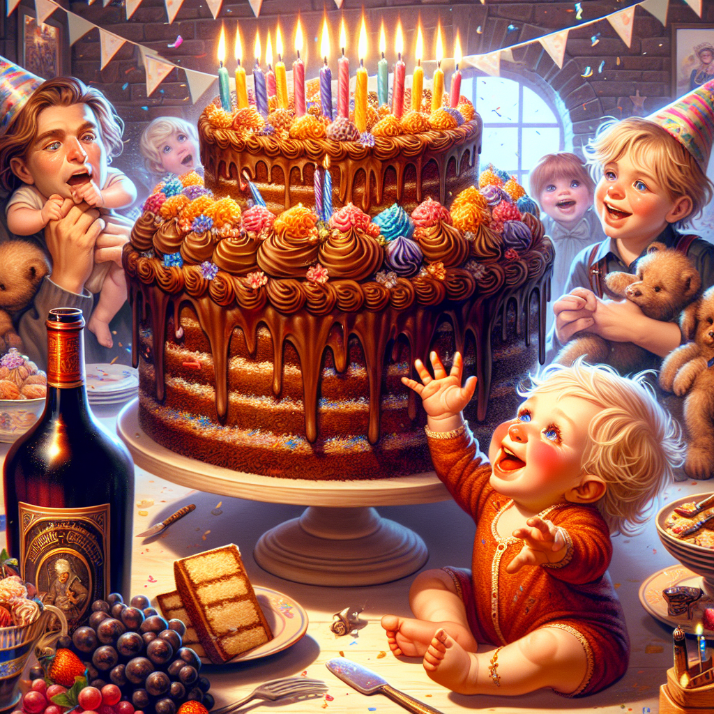 Create an image of a lively birthday celebration. Central to the image is a voluminous, scrumptious cake covered in rich chocolate frosting and decorated with vibrant candles. Next to the cake is a bottle of a luxurious, dark-red grape brew, contributing an air of class. In the foreground, a Caucasian baby with flushed cheeks and wonder-filled eyes is crawling towards the merry scene. Alongside this baby, there's a blonde toddler boy, who is also Caucasian and festively dressed in a party hat. He erupts in cheerful laughter at the sight of the cake, eagerly extending his hands towards it.
Generated with these themes: Cake, Chocolate, Wine, Baby, and Blonde toddler boy.
Made with ❤️ by AI.