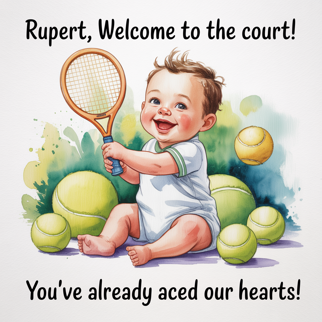 At the top of the image, "Rupert, welcome to the court!"

In the center, depict a watercolor scene of a cute baby in a tennis-themed nursery. The baby is joyfully holding a mini tennis racket, surrounded by soft, pastel tennis balls gently bouncing around.

At the bottom of the image, add the playful text, "You’ve already aced our hearts!"
Generated with these themes: Tennis , and .
Made with ❤️ by AI.