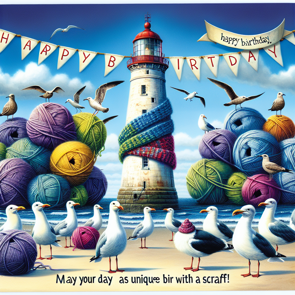 Create an image of a witty and realistic birthday card with a seaside scene. The scene should include a distinctive lighthouse towering against a vibrant blue sky. Surrounding its robust base, a group of aged seagulls are amusingly tangled in a vibrant variety of yarn, indicative of a knitting endeavor that has hilariously failed. Amid all this confusion, a banner waves in the wind, displaying the message 'Happy Birthday – May your day be as unique as a bird with a scarf!'
Generated with these themes: Lighthouse, and Knitting.
Made with ❤️ by AI.