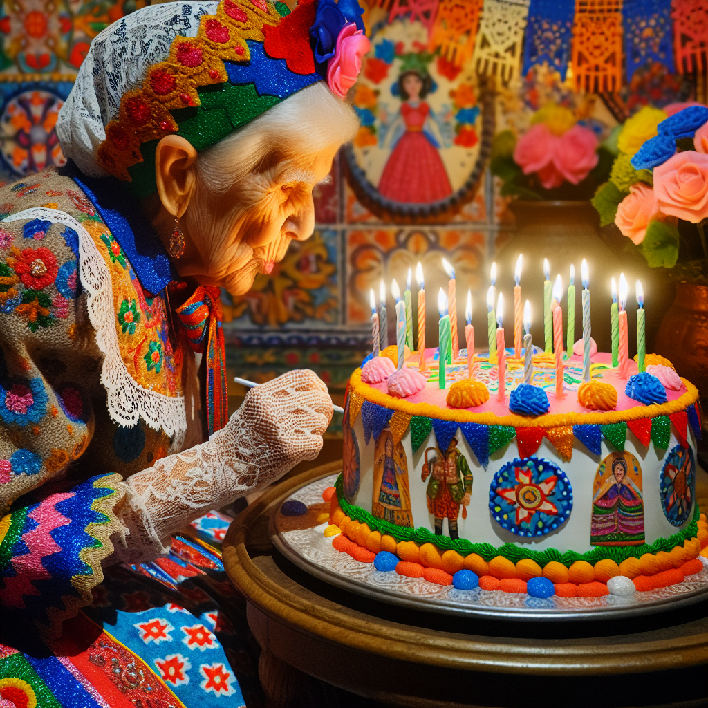 Photo recreation of a nostalgic birthday memory where 'Tia Charito', donned in a festive dress, is blowing out candles on a cake decorated with elements symbolising 'Fiesta' and 'Festejo'.
Generated with these interests: FIESTA, FESTEJO, and TIA CHARITO.
Made with ❤️ by AI.