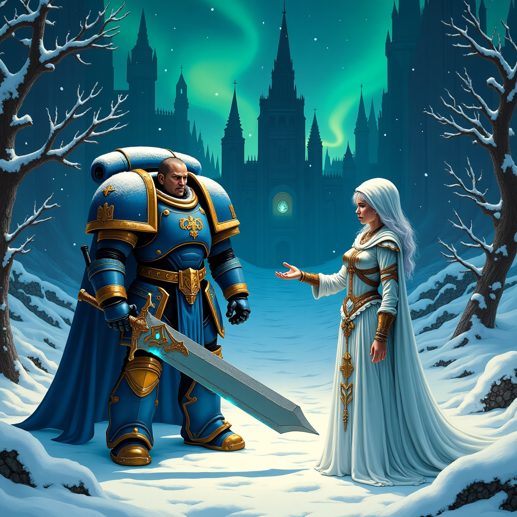 In a solemn, snow-dusted clearing on a distant planet, a scene unfolds like a haunting tapestry, inspired by the fantastical realism of Maxfield Parrish and the intricate linework of Aubrey Beardsley. Center stage stands an imposing Space Marine, resplendent in cerulean power armor adorned with golden Aquila emblems, his helmet tucked under one arm, revealing a stern visage scarred by countless battles. His right hand rests gently on the hilt of an enormous, elegantly crafted power sword whose blade glows with a faint blue hue, reminiscent of a winter’s chill. 

Beside him, an Eldar Farseer, clad in ethereal robes that flow like whispers of fog, extends a delicate hand to a miniature holographic map projecting star systems—a gesture of uneasy alliance. Her crystalline armor glistens under the ethereal light, a kaleidoscope of blues and greens, echoing the art nouveau elegance of Beardsley. In the background, towering gothic spires of a forgotten Inquisition fortress loom, half-consumed by frost and ivy, their shadowy architecture evoking the dark, majestic engravings of Gustave Doré. 

Snowflakes dance through the air, falling gently on the shoulders of both warriors and dusting the metallic branches of alien trees. Scattered around are broken relics of past battles: a shattered helmet, a severed mechanical gauntlet, and fragments of a shattered Inquisition insignia, each telling a silent story of conflict and resolution. High above, the swirling auroras light the darkening sky, casting an otherworldly glow across this serene yet tense meeting ground. A solemn truce amidst the cosmos, captured in a moment of fleeting peace.
Generated with these themes: Warhammer 40k, Eldar, Space Marine, and Inquisition.
Made with ❤️ by AI.