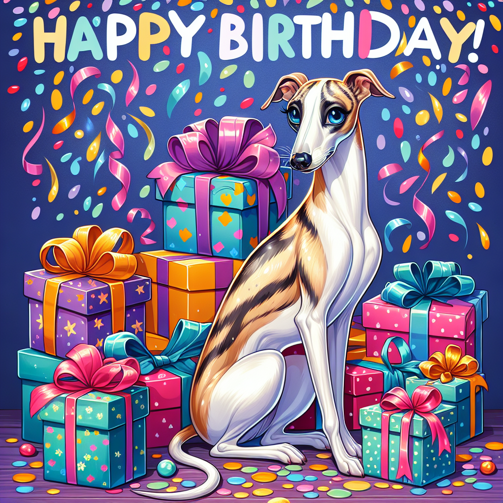 Create a vibrant cartoon scene of a birthday party where the guest of honor is a graceful adult Whippet dog with a slender build. The dog, boasting a distinctive white coat ornated with stylish brown and tan patches, contrasts beautifully with its dazzling blue eyes. It sits contentedly beside a heap of presents, encased in quirkily patterned, luminous wrapping paper. Overhead, a cascade of multicolored confetti creates a cheerful atmosphere, while a festively joyful banner bearing the wish 'Happy Birthday!' adds to the whimsical ambience.
.
Made with ❤️ by AI.
