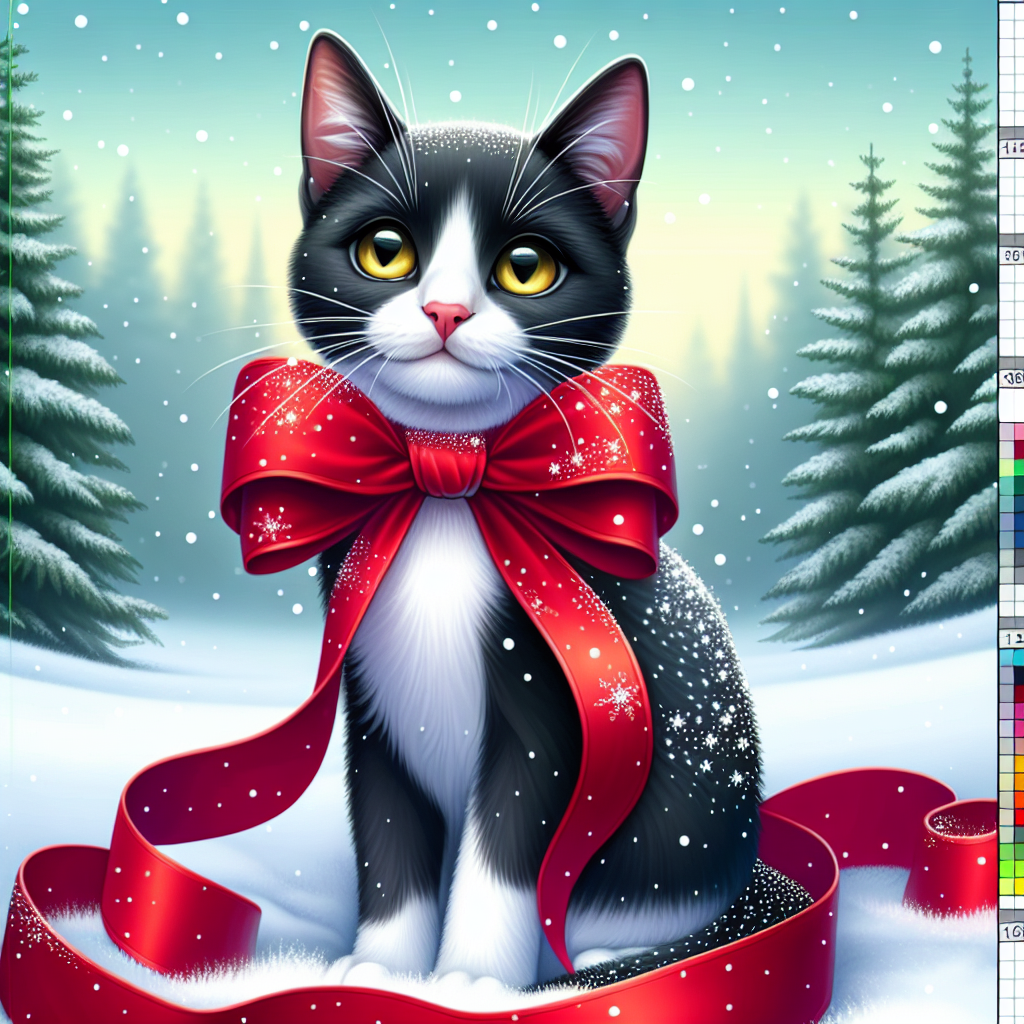 In this heartwarming vector illustration, a slender black and white Domestic Shorthair Cat with captivating yellow eyes is wrapped in a red Christmas ribbon. The cat sits contentedly in a snowy scene, with delicate snowflakes dotting its fur as it gazes out at the viewer with a sense of holiday wonder.
.
Made with ❤️ by AI.