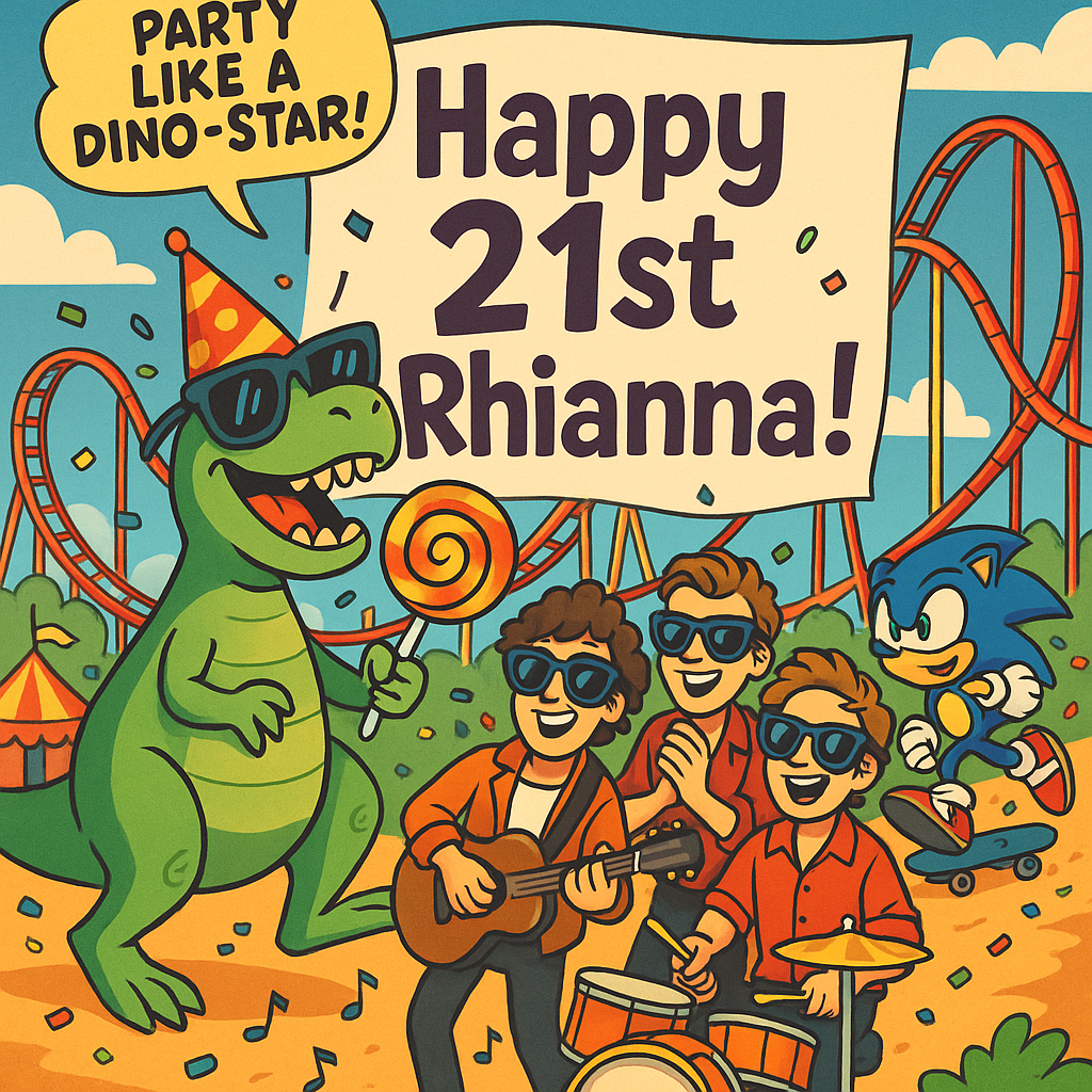 **Prompt for the Image:**

At the center of the Cartoon Style image, in large, legible text that does not touch or go beyond the edge, write "Happy 21st Rhianna!"

Imagine a vibrant theme park with colorful roller coasters looping in the background. In the foreground, a comically exaggerated T-Rex is wearing a party hat, clutching a giant lollipop, and dancing joyfully with The Vamps band members. They are all wearing oversized sunglasses and are playfully posed, jamming out on musical instruments. Sonic the Hedgehog is zooming by on a skateboard, leaving a trail of confetti behind him. The scene is bursting with energy, laughter, and celebration. Above the scene, a playful text bubble exclaims, "Party Like a Dino-Star!"
Generated with these themes: Theme park, t-rex, They Vamps, sonic the hedgehog , and .
Made with ❤️ by AI.