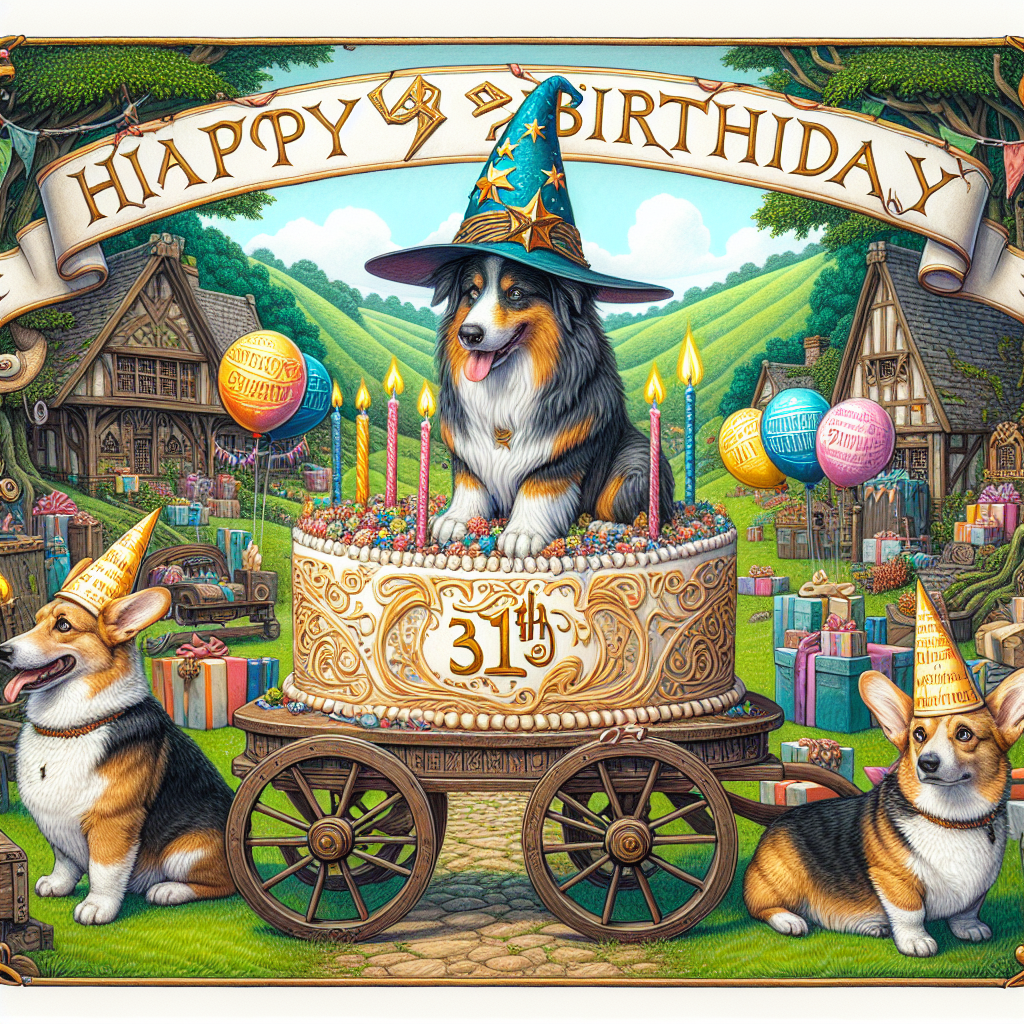 Imagine a whimsical illustration, it is set in the verdant and sunny ambiance of a fantasy country village. At the center of the festive scene is an Australian Shepherd wearing a tall wizard's hat, sitting proudly atop a large, ornately iced birthday cake engraved with '31st Birthday'. Around this central tableau, two sturdy corgis adorned with caps that give them sharp, elfin ears and festive cloaks push a cart bursting with wrapped gifts, colorful balloons inscribed with intricate runes reminiscent of mythical languages, and assorted party streamers. They are journeying under a banner that proclaims 'Happy Birthday' in an intricately curled, mysterious font.
Generated with these themes: The Lord of the Rings, Australian Shepherd, Two Corgis, and 31st Birthday.
Made with ❤️ by AI.