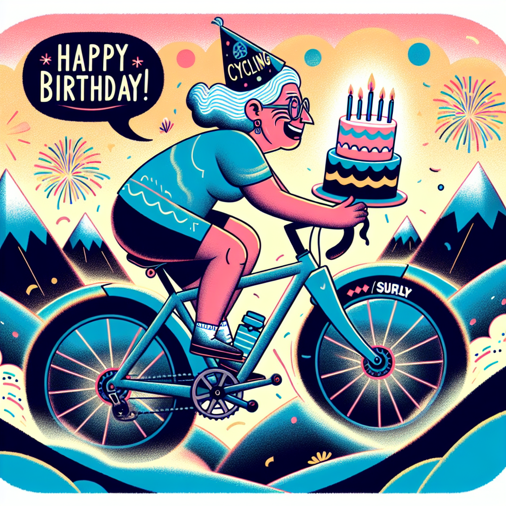 In the illustration, a vibrant 65-year-old woman is shown cheerfully cycling over rolling hills that are styled to look like the Andes mountain range. She's on her trusty big blue bike named 'Surly,' with a birthday cake balanced on the back. The scene includes a speech bubble above her head declaring 'Happy Cycling Birthday!' against a sky filled with fireworks.
Generated with these themes: My 65 year old mum Cycling across South America with a big blue bike called Surly.
Made with ❤️ by AI.