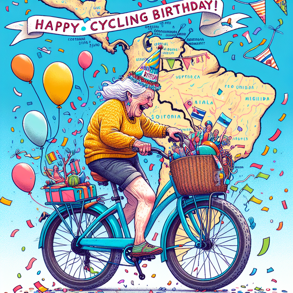 A whimsical illustration featuring a young-at-heart 65-year-old mum pedaling joyously across a map of South America on a large, animated blue bicycle named 'Surly.' She's wearing a birthday hat and the scene is sprinkled with confetti. A banner trails behind her with the words 'Happy Cycling Birthday!' amidst colorful balloons.
Generated with these themes: My 65 year old mum Cycling across South America with a big blue bike called Surly.
Made with ❤️ by AI.