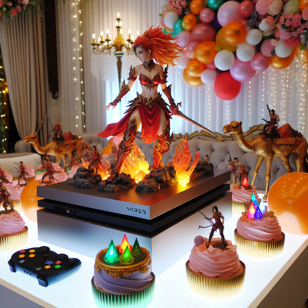 A winsome birthday setting features an impressively detailed, lifelike model of a fearless warrior with vermilion attire, the center of attention amidst a festive array of colorful balloons and a cascade of soft lights. The warrior possesses a brilliant, lustrous appearance that highlights her prepared stance for battle, inviting guests to a virtual adventure upon a sleek, console-shaped cake, adorned by miniature treasure camels and healing elixir-themed cupcakes.
Generated with these themes: fortnite ruby skin oiled up.
Made with ❤️ by AI.