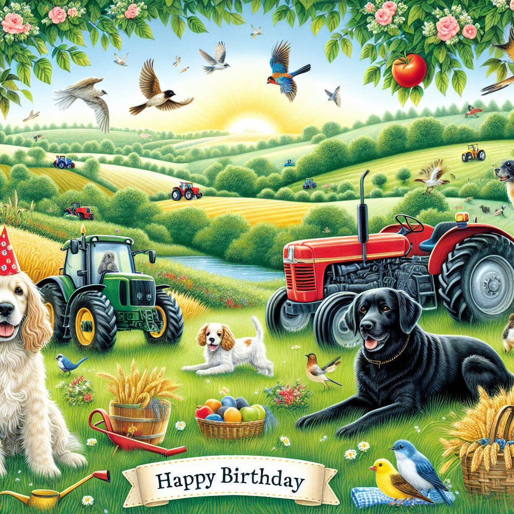 Visualize a charming birthday setting in a lush green meadow teeming with life-like illustrations of joyful Cocker Spaniels and a calm Black Labrador. They are seen playing amidst vibrant tractors strategically positioned in the landscape. Birds are seen flitting across the sky, some alight engagingly on the tractors, their twitter combining melodiously with the tranquil sounds of the countryside. The background gives off the vibe of farming, abundantly filled with crops and subtle farm elements, encapsulating the spirit of a birthday festivity steeped in rustic allure.
Generated with these themes: Cocker Spaniels, Black Labrador, Tractors, Birds, Nature, and Agriculture .
Made with ❤️ by AI.