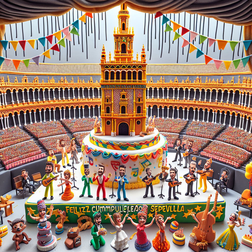 Imagine a cartoon birthday celebration set in the picturesque city of Seville, embodying a strong Eurovision and theatrical spirit. Dominating the center of the scenery is a brilliant, multi-colored birthday cake, its crowning glory being the well-known Giralda tower. Decorating the base, there are fondant figures fashioned to look like Eurovision performers, each with their own miniature musical instruments. The backdrop is a caricatured representation of Seville's esteemed Plaza de España, artistically repurposed as an open-air theatre. Rows of seats within this theatre are peopled with an array of animated animals, each robed in flamboyant attire, enthusiastically cheering. Occasional streamers swaying from overhead lampposts add a festive touch, while a 'Feliz Cumpleaños' banner arches solemnly across the top. Adjacent to the cake on the stage, is a humorously oversized microphone stand. At the cake's bottom, strewn marzipan oranges are seen, an ode to Seville’s famous orange trees. A cartoon figure, sporting the attire of a flamenco dancer, poses atop a confetti-covered float, mimicking a Eurovision entry. This float skillfully doubles as a birthday gift station.
Generated with these themes: Seville, Theatre, and Eurovision.
Made with ❤️ by AI.
