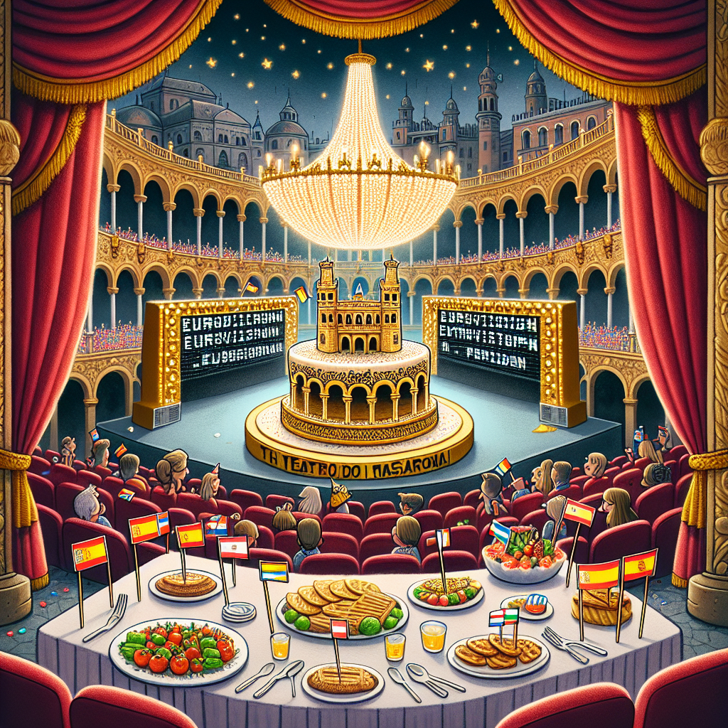 Illustrate a grand theatre inspired by Seville’s Teatro de la Maestranza for a cartoon birthday scene. The setting has red velvet curtains, golden trimmings, and a Eurovision-themed mock scoreboard displaying birthday messages. The foreground features a table draped with a theater curtain-styled tablecloth carrying a birthday cake shaped like the Puente de Triana adorned with tiny, edible fairy lights. Around the cake, depict small tapas-style dishes representing Spanish cuisine, with cartoon toothpick flags showing their Eurovision country of origin. Include caricature statuettes of fictional music contest winners with playful expressions on either side of the cake. A whimsical chandelier built of sparkling cartoon musical notes and records hangs overhead, casting a soft glow on the scene. The audience area has illustrated spectators wearing party hats and holding flags representing various fictitious music competition countries, excitedly waiting for the party to start.
Generated with these themes: Seville, Theatre, and Eurovision.
Made with ❤️ by AI.