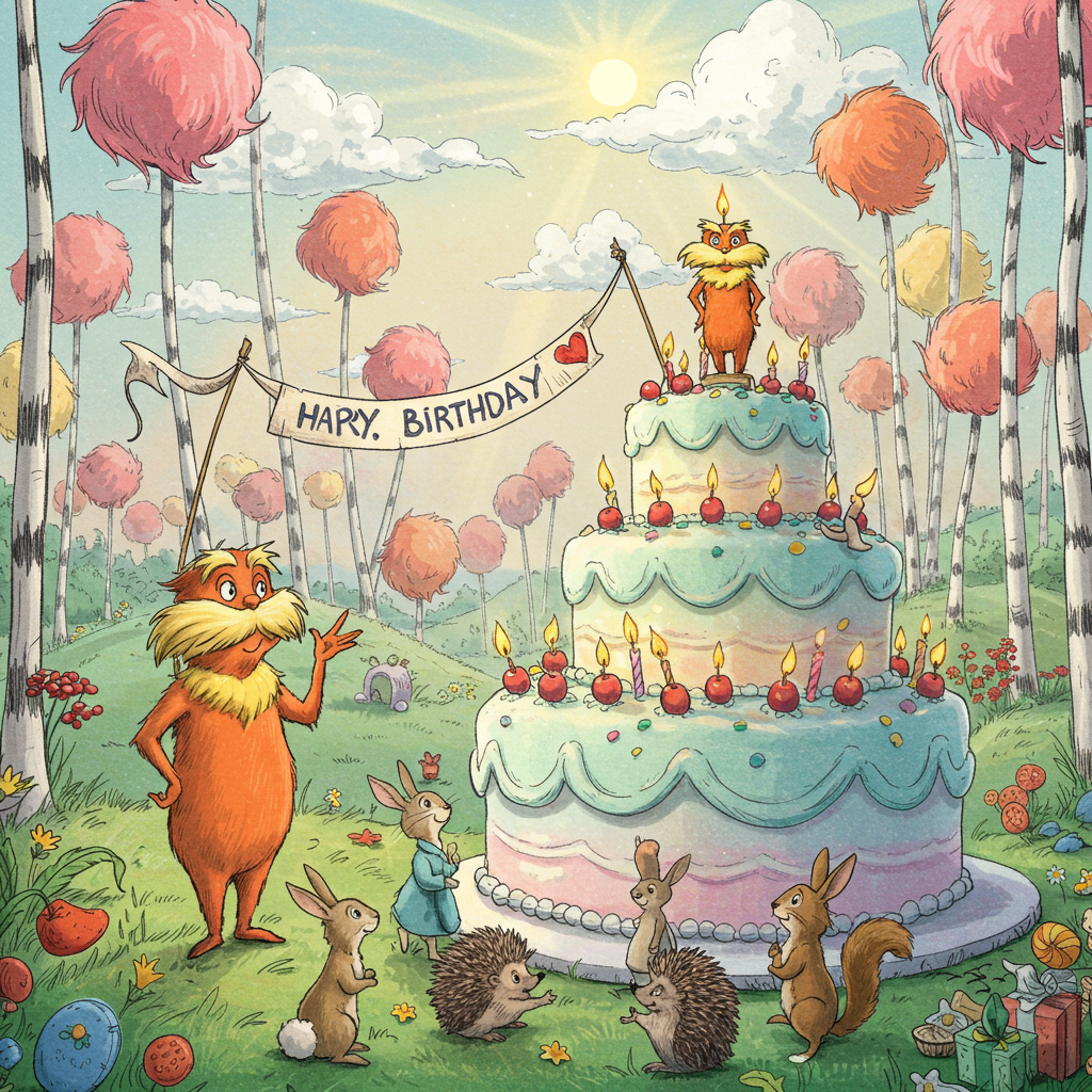 The scene opens with a whimsically surreal birthday landscape, where the whimsical influence of Dr. Seuss's Lorax meets the detailed expressiveness of Edward Gorey. The backdrop is an intricate forest of Truffula Trees with their fluffy, multicolored tops in vibrant hues of pink, orange, and yellow, akin to the whimsical style of Maurice Sendak. The trees are drawn with Beardsley-like swirling lines, lending them an elegant yet fantastical presence.

In the foreground, a large, elaborately decorated birthday cake takes center stage, inspired by the grandiosity of a Maxfield Parrish painting. The cake is tiered and topped with an oversized wax candle shaped like the Lorax himself, his mustache exaggerated and curling elegantly. The cake is a blend of pastel colors—lavender, mint green, and sky blue—reflecting the enchanting style of Beatrix Potter's illustrations.

To the left of the cake, the Lorax stands on a grassy hillock, his fur meticulously detailed in soft pencil strokes, reminiscent of Arthur Rackham's attention to texture. He’s gesturing with one hand toward a banner fluttering in the breeze above the cake, the other hand pointing at the viewer in a way that captures Rockwell’s knack for storytelling. The banner, in a bold yet playful Quentin Blake style, reads: “Mr. Cole.”

In the sky above, fluffy clouds—crafted in a style that nods to the crosshatching technique of Gustave Doré—drift lazily, forming whimsical shapes that could be interpreted as various forest creatures. A subtle sunbeam, painted in N.C. Wyeth’s vivid color palette, breaks through, casting a gentle, golden light across the scene, illuminating the setting with an ethereal glow.

At the base of the cake, small, intricate details populate the scene: woodland creatures in the style of Beatrix Potter—rabbits, hedgehogs, and squirrels—gathering around, each captured mid-motion with lively line work. The ground is lush with detailed grasses and small wildflowers, their delicate petals and leaves rendered with a delicate hand, echoing the detailed elegance of Gorey’s work.

The whole composition is framed with an intricate border of curling vines and floral motifs, creating a window-like effect into this enchanting birthday realm, inviting the viewer to step into a world where the whimsical and the intricate dance in celebration.
Generated with these themes: Lorax.
Made with ❤️ by AI.