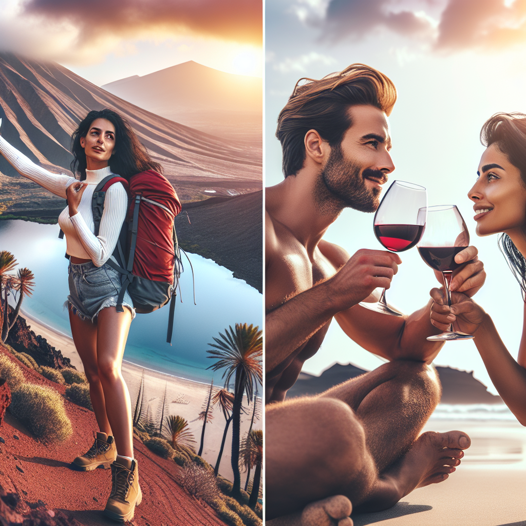 Create a heartwarming image where a Hispanic man and a Middle-Eastern woman are seen climbing the rugged terrain of the Highlands, celebrating their shared birthday. They pause atop a tranquil vista, toasting with glasses of red wine, symbolizing their years of togetherness. In a transition, we can also see them leisurely soaking up the sun on a sandy beach in Lanzarote, feeling the warm sand against their feet. A reflection of relaxation, happiness and shared affection in a beach setting under the Canarian sun. 
Generated with these themes: A husband and wife Hiking in the Highlands, Drinking red wine, Sunbathing in Lanzarote.
Made with ❤️ by AI.