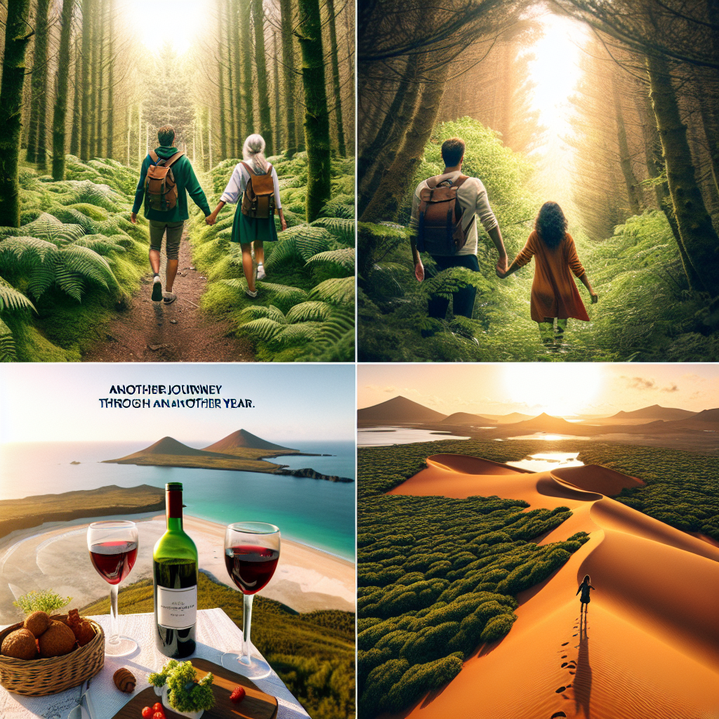 A scene celebrating another journey through another year, featuring a couple; a Caucasian man and a Middle-Eastern woman. Holding hands, they traverse the dense greenery of a Highland-like place. In a serene opening in the forest, a quaint picnic awaits them, highlighted with a bottle of red wine, symbolizing a toast to their shared adventures. Secondary to this idyllic woodland setting, is a transformative landscape of warm, amber sands of a Lanzarote-like island. On this sun-kissed beach, the same couple is seen basking in sunlight, their joyful laughter harmonizing with the rhythmic music of the sea waves.
Generated with these themes: A husband and wife Hiking in the Highlands, Drinking red wine, Sunbathing in Lanzarote.
Made with ❤️ by AI.