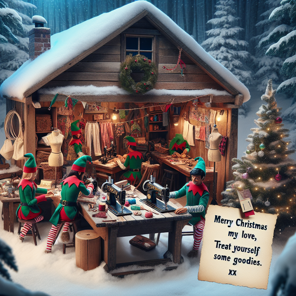 In a quaint, snow-capped cabin, elves weave magic into sportswear, embellishing them with seasonal flair—tiny bells and mistletoe. On a rustic wooden table, freshly sewn gym apparel neatly piles up, ready for gifting. Next to a twinkling fir tree, a vintage-style note hangs, warmly stating 'Merry Christmas my Love, Treat yourself to some goodies xx.'
Generated with these themes: elfs making sportswear.
Made with ❤️ by AI.