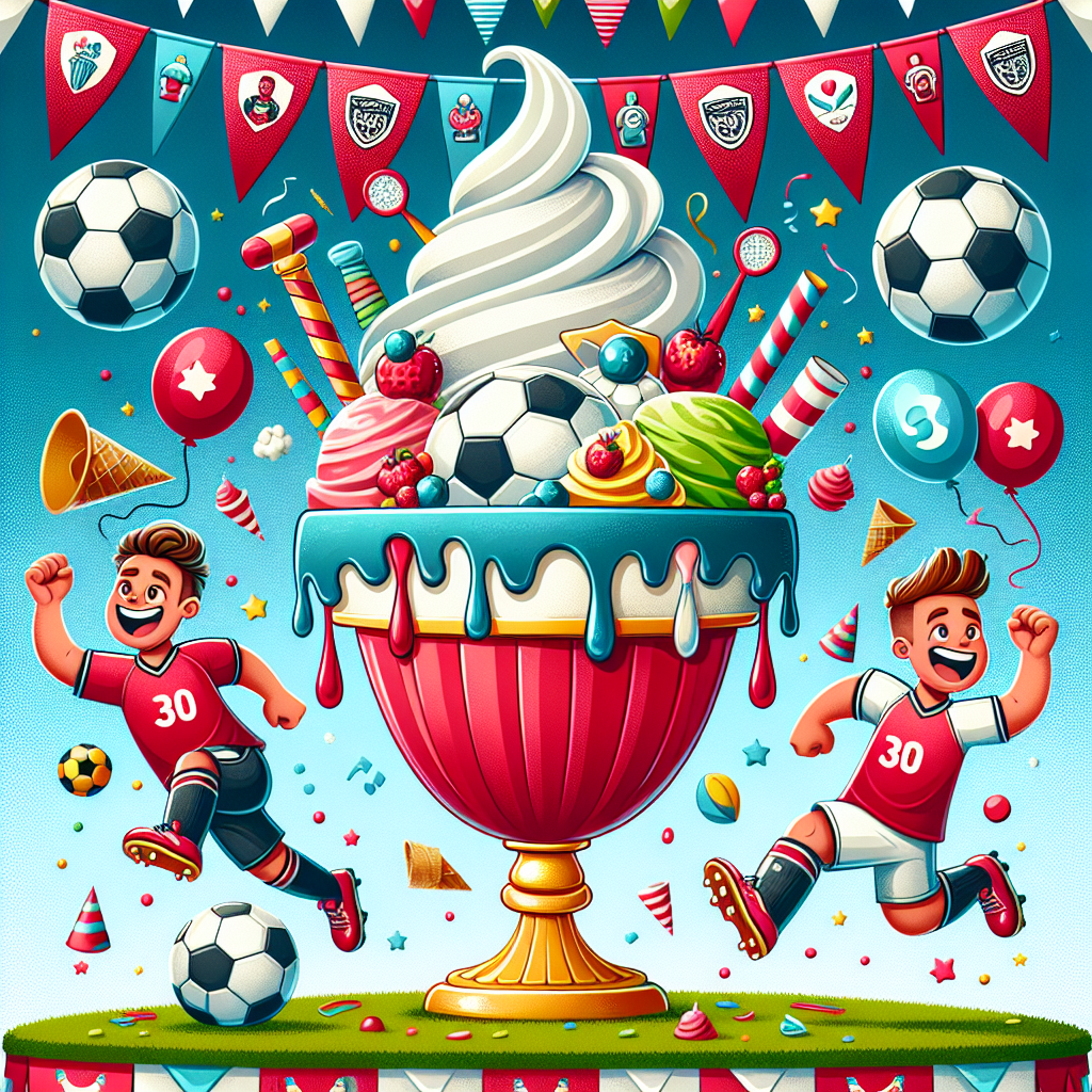 Create a lively and cheerful illustration of a birthday party in a whimsical cartoon style. The centerpiece is a giant ice cream sundae styled with a generic football club emblem. It is surrounded by a festive atmosphere with football-themed decorations. Happy cartoon characters are seen chasing a football, adorning general football team uniforms. Additionally, festive banners decorated with ice cream motifs and a vibrant red color represent the party's theme. The overall image is a seamless, festive, and fun depiction of a football-themed birthday party.
Generated with these themes: Ice cream , and Liverpool football .
Made with ❤️ by AI.