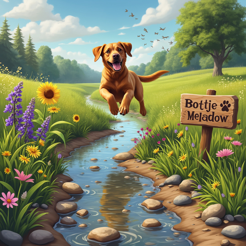 In the center of the scene, a jubilant brown Labrador named Bo'tje is leaping joyfully through a lush meadow, captured mid-air with its ears flapping wildly and its tongue hanging out in pure glee. Surrounding Bo'tje, the meadow is bursting with vibrant wildflowers—bright yellow daisies, deep purple lupines, and cheerful pink buttercups—creating a colorful, textured tapestry underfoot. 

A gentle stream meanders through the meadow, its crystal-clear water sparkling in the sunlight and providing a reflective surface that mirrors Bo'tje's jubilant leap. Along the stream, smooth pebbles of various sizes and colors dot the banks, with some strategically forming the phrase "Happy Birthday Bo'tje!" in a playful, paw-shaped font.

Nestled in the tall grasses on one side of the scene, a whimsical wooden sign with a carved paw print at its top reads "Bo'tje's Meadow," further personalizing the setting. Scattered throughout the meadow, dog paws of different sizes are subtly imprinted in the soft earth, suggesting a day full of adventurous frolics.

Above, the sky is a brilliant blue with fluffy white clouds shaped like dog bones drifting lazily. A flock of birds, perhaps some sparrows or robins, flutters in formation, seemingly celebrating along with Bo'tje. A distant tree line of majestic oaks and maples frames the background, adding depth and a sense of endless nature to the scene.

Every element is carefully chosen to reflect Bo'tje's boundless joy and the beauty of nature, making it the perfect birthday greeting for a dog-loving friend.
Generated with these themes: Brown Labrador, Dog paws, Nature, and Happy Birthday Bo'tje!.
Made with ❤️ by AI.