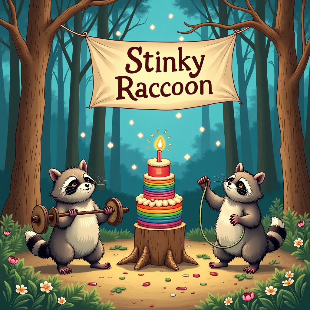 In the center of the card, depict a whimsical scene set in a vibrant forest gym. The main focus is on a group of mischievous raccoons, all decked out in their finest gym attire, engaging in an amusing CrossFit birthday workout session.

**Foreground:**
- **Birthday Raccoons:** Draw three raccoons with expressive, exaggerated features to capture their energetic antics. One raccoon is performing a deadlift with a barbell made of tree branches and acorn weights. Another raccoon is mid-jump rope, using a vine. The third raccoon is balancing on a large, rainbow-colored exercise ball, arms stretched wide for balance.
  
- **Cake Station:** Nearby, illustrate a small table crafted from a tree stump. It holds a quirky, tiered birthday cake made to look like a pile of garbage—a raccoon’s delight. Use muted earth tones with specks of bright colors from candy wrappers and fruit peels as decorations.

**Midground:**
- **Raccoon Banner:** Above the gym scene, there's a hand-drawn banner strung between two trees. The text "Stinky Raccoon" is written in playful, bold letters. The banner is adorned with little paw prints and sprigs of leaves.

**Background:**
- **Forest Setting:** Capture a lush, detailed forest background with tall, majestic trees reminiscent of Arthur Rackham's work, their branches twisting elegantly. Add a hint of Beatrix Potter’s charm with small, vibrant wildflowers in the underbrush.
  
- **Gym Equipment:** Scattered around the forest floor, illustrate improvised gym equipment: a log bench press, a climbing wall made of stacked stones, and a rustic, homemade pull-up bar crafted from tree limbs.

**Sky:** 
- The sky is a wash of twilight blues and purples, suggesting early evening. Add dappled stars peeking through the canopy, enhancing the enchanted forest gym ambiance.

This card front cover should blend the intricate line work reminiscent of Aubrey Beardsley with the whimsical, detailed storytelling style of Maurice Sendak. Use a palette inspired by N.C. Wyeth, with a harmonious mix of earth tones and vivid accents to bring this amusing birthday raccoon CrossFit scene to life.
Generated with these themes: Birthday Raccoons Gym CrossFit .
Made with ❤️ by AI.