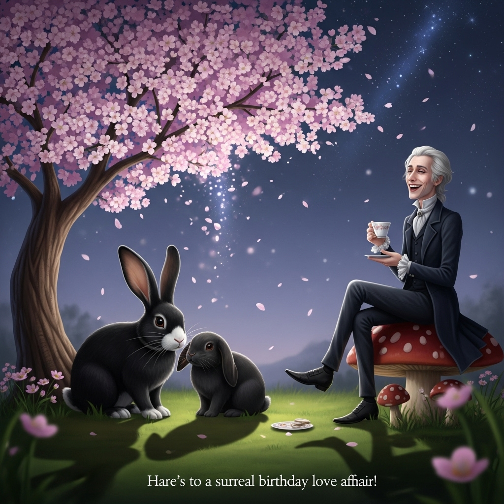 Black rabbit with a white nose, Black lop rabbit, Cherry tree , Bob Mortimer , Gothic , and Birthday Card
