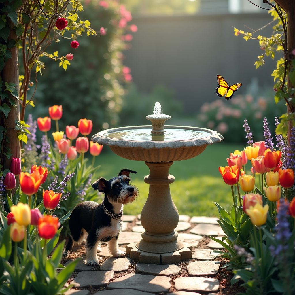 In the midst of a quaint, sun-dappled garden, a stately stone birdbath with a delicate fountain sits at the heart, casting gentle ripples in the clear water. Surrounding the birdbath is a burst of vibrant tulips in various shades of red, yellow, and pink, their petals glistening with morning dew. To the left, an ornate wooden trellis supports a cascade of climbing ivy interspersed with fragrant jasmine blooms. At the base of the trellis, nestled among a cluster of lavender bushes, a black and white Rat Terrier stands alert, its ears perked and eyes focused on a butterfly flitting by. The terrier’s coat gleams under the soft morning light, and a small tag on its collar reads “Thank You” in an elegant script. Each element, from the fluttering butterfly to the sparkling fountain, tells a story of tranquility and gratitude.
Generated with these themes: Garden, Tulips, Birdbath with fontain, Trellis, and Rat terrier white and black.
Made with ❤️ by AI.