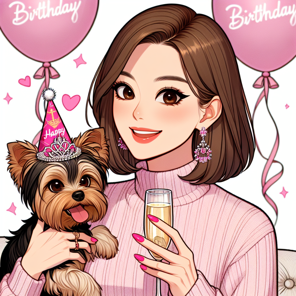 Lady with shoulder length brown hair, Pretty pink jumper, Pink nails , Yorkshire terrier , and Glass of champagne Birthday Card
