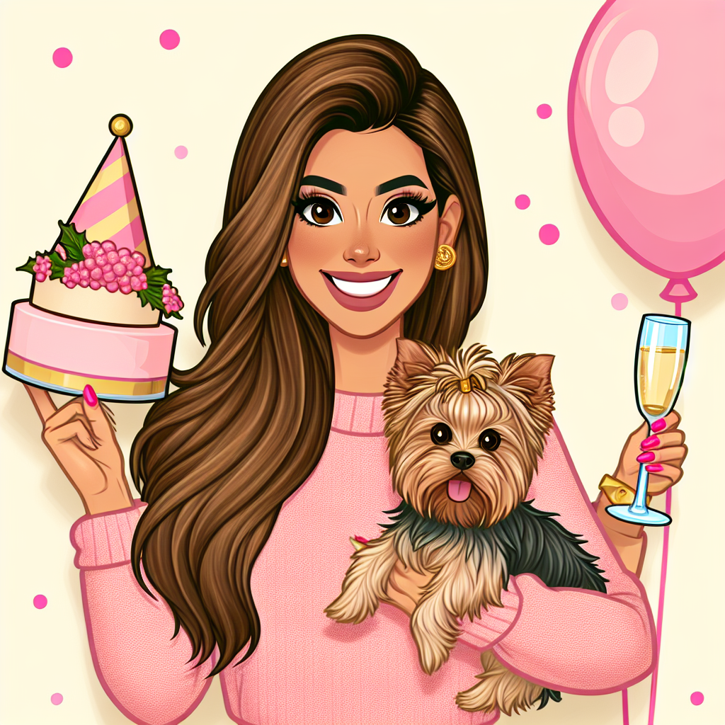 Create an image that depicts a cheerful birthday celebration. In the scene, a Hispanic woman with shoulder-length brown hair is wearing a pink jumper and her nails are painted pink as well. She is enjoying her glass of champagne. Accompanying her is her adorable Yorkshire terrier, which contributes to the delight of the scene.
Generated with these themes: Lady with shoulder length brown hair, Pretty pink jumper, Pink nails , Yorkshire terrier , and Glass of champagne .
Made with ❤️ by AI.