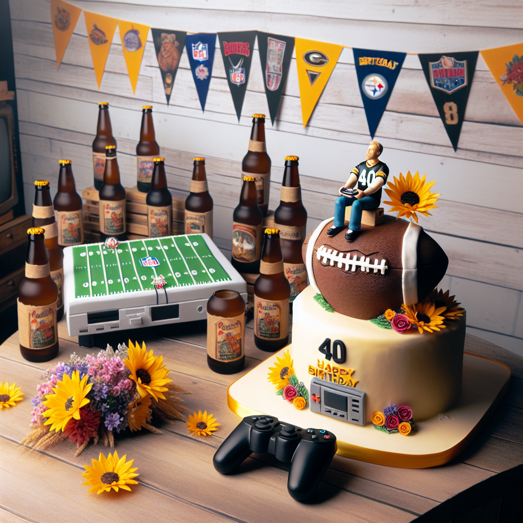 The scene is set for a 40th birthday celebration with a realistic theme. The centerpiece of the design is a tastefully baked football cake representing a popular football team, topped with a miniature figure representing a man playing on a generic game console. Scattered around the room, repurposed beer bottles from a fictional farm act as decor, each holding vibrant birthday blossoms. The passion for American football is also on display with banners from a well-loved team draping elegantly across the walls, adding a sense of pride and festivity.
Generated with these themes: Gavin 40th, Man United , X box, Beer, Diddly swat farm, Nfl, and Philadelphia eagles.
Made with ❤️ by AI.