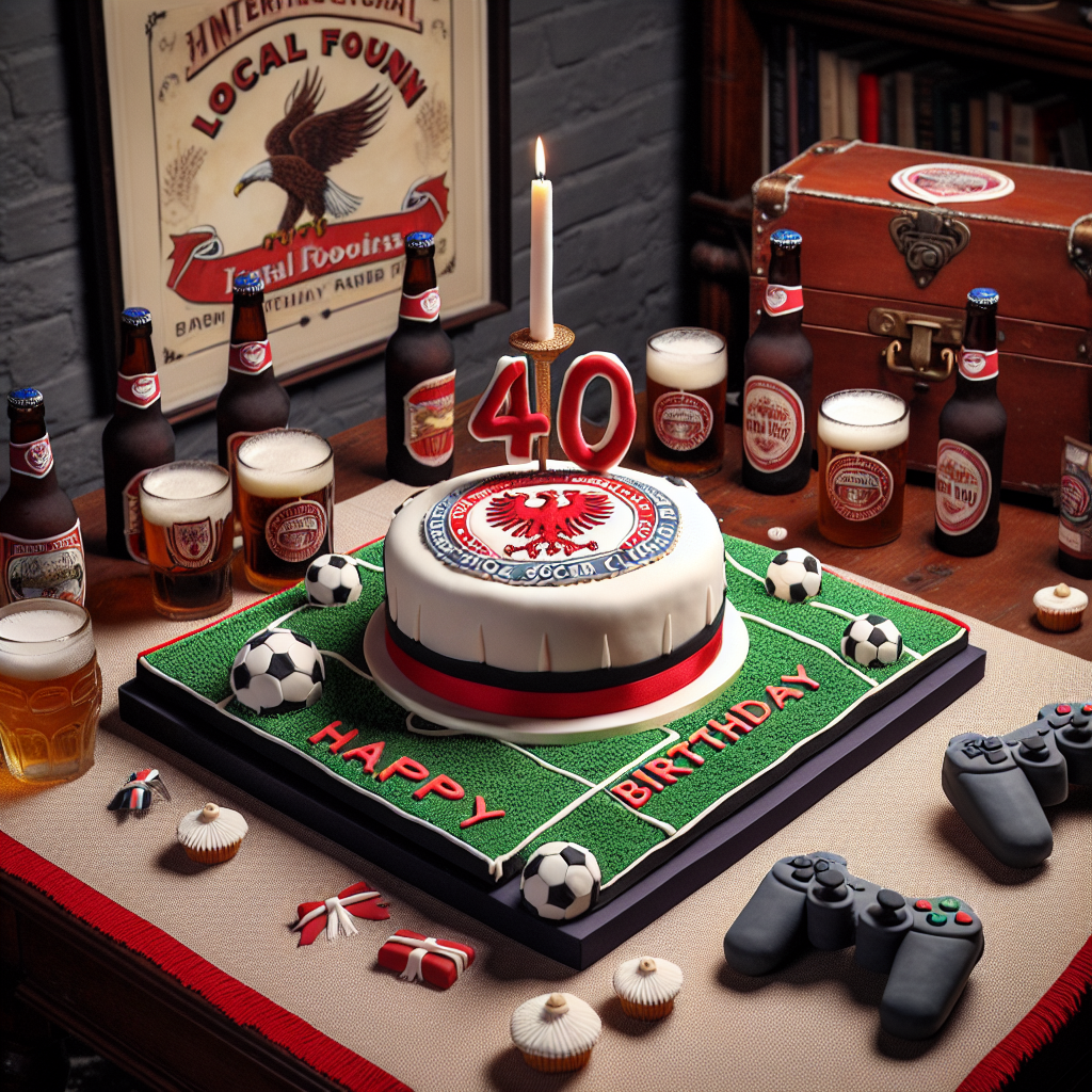 An authentic and detailed scene is set to celebrate a milestone 40th birthday. At the heart of the setup, sits an exquisite cake, proudly bearing a red emblem symbolic of a popular soccer club. To pay homage to the birthday person's fondness for electronic gaming, edible console controllers accompany the cake. Dotted across tables are a variety of craft beers originating from a fictional local farm, ingeniously doubling as both liquid sustenance and ornamental charm. To further customize the ambiance, memorabilia related to American football featuring the emblem of an eagle denotes the individual's sports enthusiasm.
Generated with these themes: Gavin 40th, Man United , X box, Beer, Diddly swat farm, Nfl, and Philadelphia eagles.
Made with ❤️ by AI.
