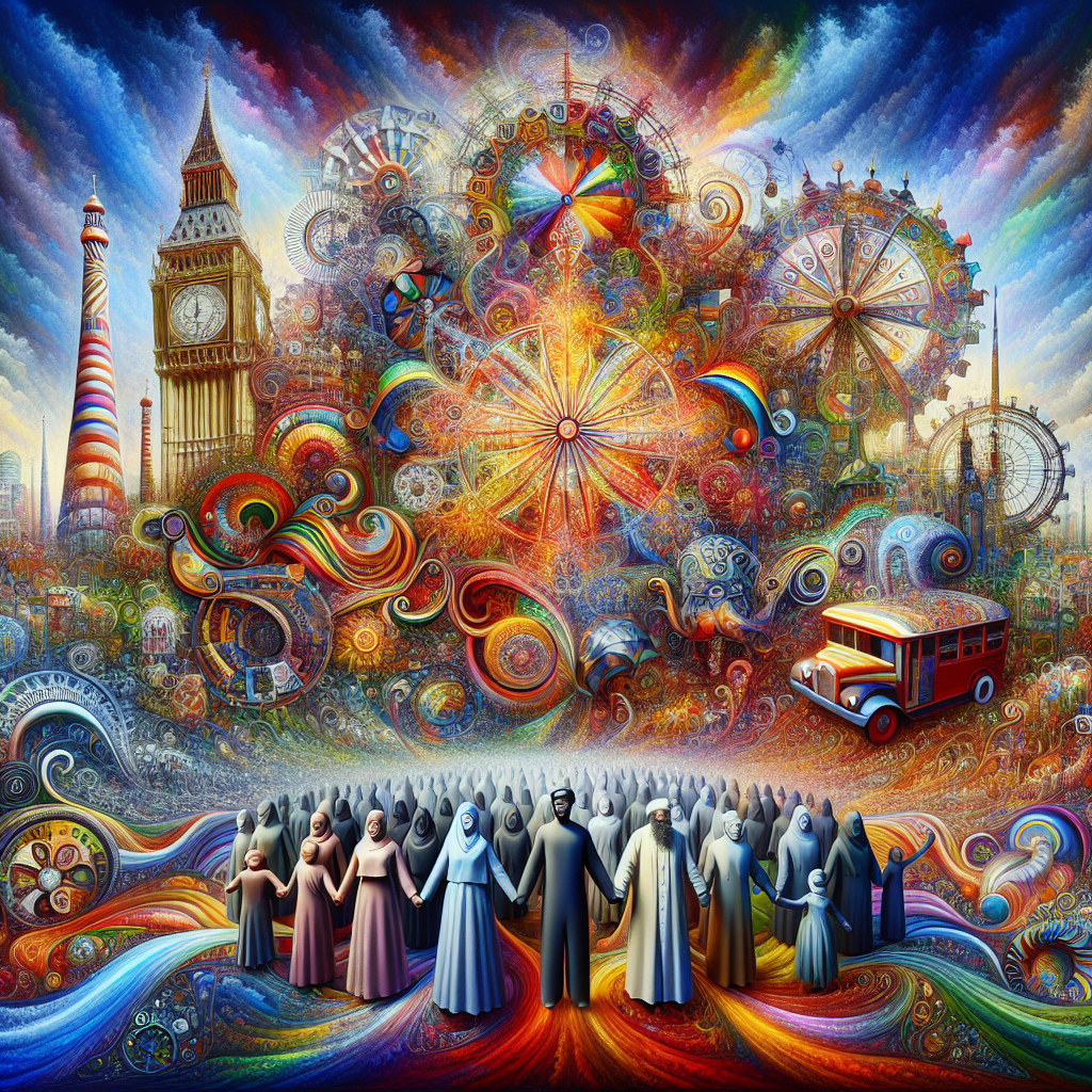 Visualize an intensely colorful, abstract landscape with a perplexing array of elements, serving as a unique and striking backdrop for marking an anniversary. At the heart of this fantastical scene, incorporate 'Eid Mubarak' seamlessly in an elegant script. The backdrop includes recognizable structures from England like the clock tower and giant Ferris wheel, contrasted with jocular shapes and motifs. Human figures representing a Caucasian man, Hispanic woman, South Asian child, and Middle-Eastern elder are visualized holding hands, merging harmoniously with the ethereal ambiance, echoing togetherness and the joyous vibe of the celebration.
Generated with these themes: Eid Mubarak, England, diverse people .
Made with ❤️ by AI.