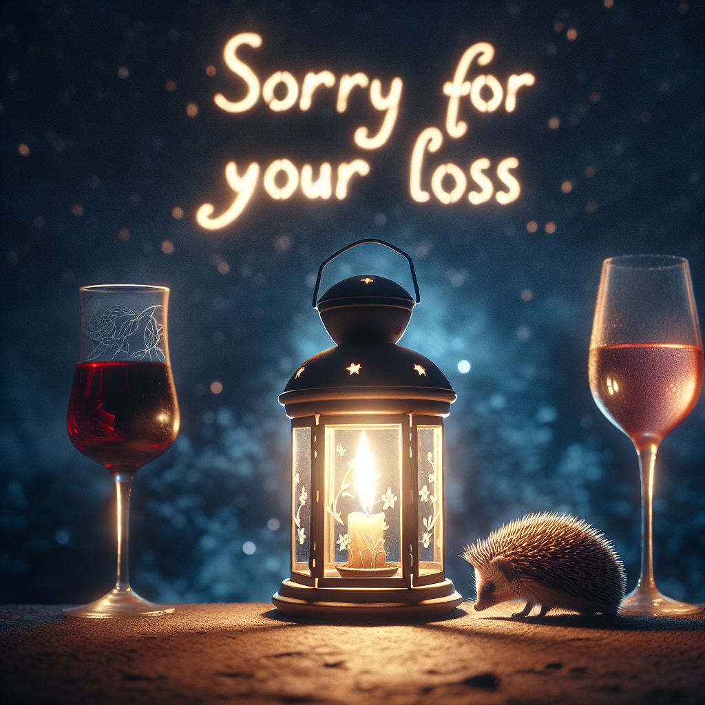 Create a touching image showing a single lantern standing alone, illuminating the phrase 'Sorry for your loss' carved into the night sky. There are two glasses, one containing red wine and the other rosé, standing nearby in silence. They symbolize the emptiness created by someone's absence. In the foreground, there's a hedgehog slowly walking by, representing the resilience and delicate grace in mourning.
Generated with these themes: Sorry for your loss, Lantern, Glass of red wine, Glass of rose wine , and Hedgehog .
Made with ❤️ by AI.