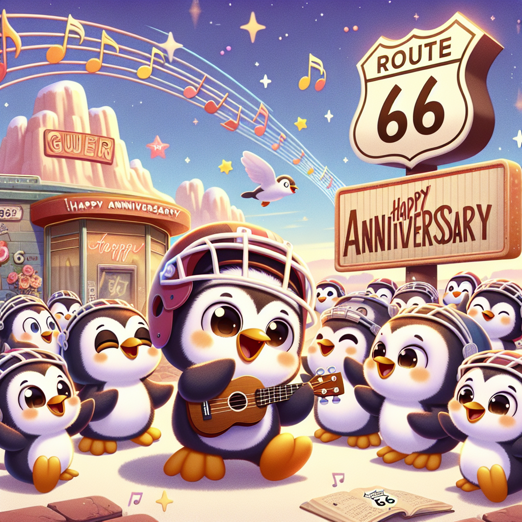 Generate an image of a charming cartoon depiction where a group of adorable penguins, each wearing tiny football helmets, is congregating around a backdrop of the iconic Route 66. One penguin, separate from the others, is joyfully playing a ukulele, creating a melody that's represented by a range of music notes swirling through the setting. Overhead, there is an old-fashioned billboard that says 'Happy Anniversary', symbolizing the excitement and romance affiliated with Route 66. This scene combines the fun and fantasy of penguins, the spirit of team sports as portrayed by football, and the happiness brought by music.
Generated with these themes: Route 66, Penguins, Football, and Music.
Made with ❤️ by AI.