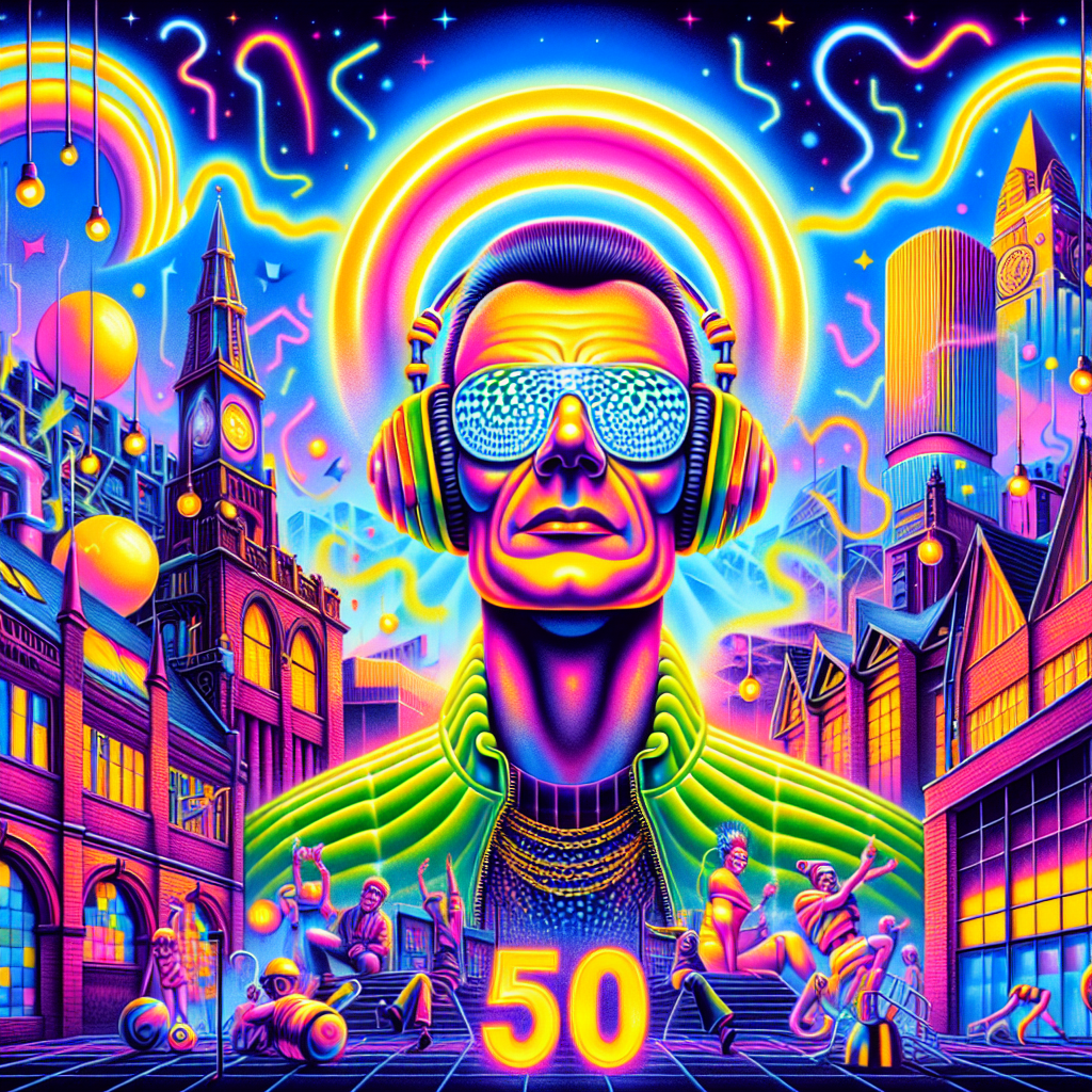 A vivid and whimsical surreal illustration honors a 50th birthday with influences from '90s rave culture set against a dreamlike cityscape reminiscent of Manchester. At the center, an eccentric male character with exaggerated features dons neon rave attire and oversized headphones. His half-closed eyelids hint at a nostalgia-driven state of trance. Above him, a large '50' shifts into gleaming sound waves, while the sky is filled with misshaped geometric patterns representative of Haçienda-style aesthetics. The industrial architecture of the city is reimagined with a psychedelic flair, vivid with acid house color hues blending into a fantastical night sky.
Generated with these themes: 50 years old, 90s raver, Manchester, and Phil.
Made with ❤️ by AI.