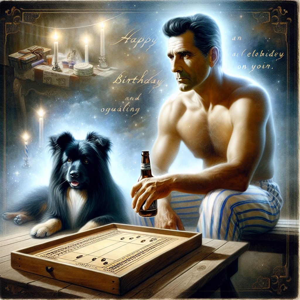 In this birthday-themed illustration, the atmosphere is reflective and contemplative. The focus is on a middle-aged, athletic Caucasian man with dark hair, evoking a sense of ethereal quality. His image intertwines with the essence of a quietly observed celebration. He is poised as though engaged in thoughtful conversation, with a bottle of beer resting in his hand as a symbol of a toast to times gone by. A Black Tibetan Terrier, loyal and composed, sits by the man's side, enhancing the solemn nature of the scene. In the background, a faint cribbage board is discernible, its presence unobtrusive but integral to the homage this image pays to tradition and remembrance.
Generated with these themes: George Best, Beer, Cribbage, and Black Tibetan Terrier dog .
Made with ❤️ by AI.