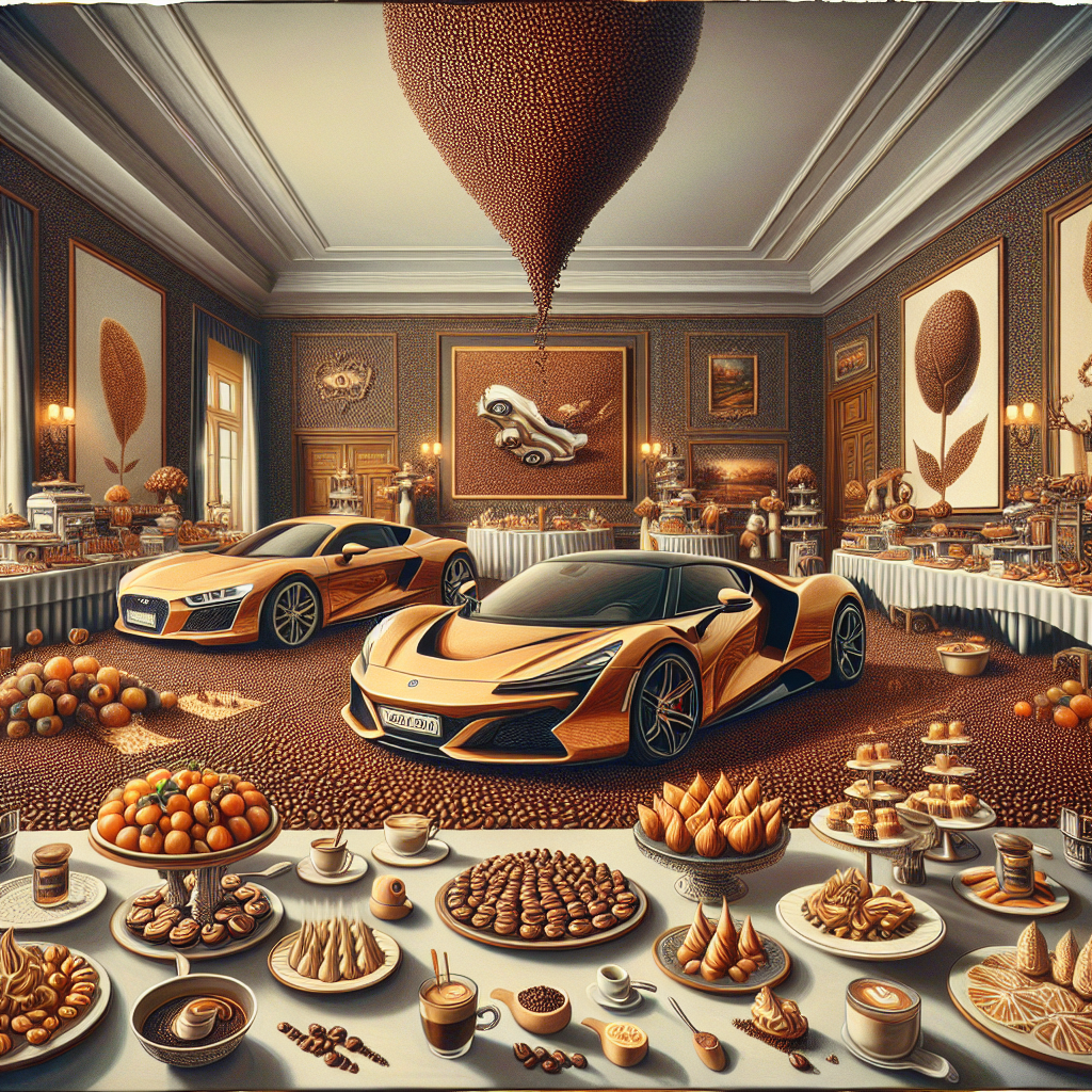 Picture a mixed scene of surrealism and realism set in an upscale anniversary party. The glamorous room is cozy and intimate, and it boasts polished sports cars as impressive centerpieces. Scattered artfully around them are decorative formations of robustly fragrant coffee beans, permeating the atmosphere with a full-bodied aroma. Around the room, you'll find stations set up with a variety of gourmet canapés, each one a tempting morsel designed to delight the senses. The room perfectly blends the opulence of luxury with homely, comforting and familiar flavors.
Generated with these themes: Supercars, Coffee, and Food.
Made with ❤️ by AI.